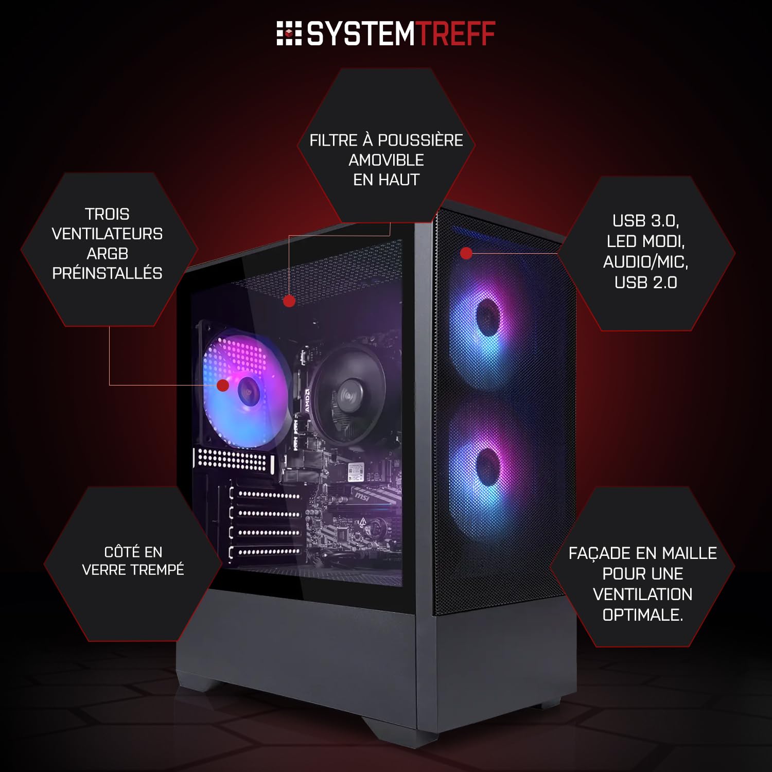 SYSTEMTREFF PC Gamer Basique AMD Ryzen 5 Pro 5655G 6x4.4GHz | Radeon RX Vega 7 4K HDMI DX12 | 512Go M.2 NVMe | 16Go DDR4 RAM | Ordinateur de Bureau WLAN pour Les Joueurs, Les Gamers