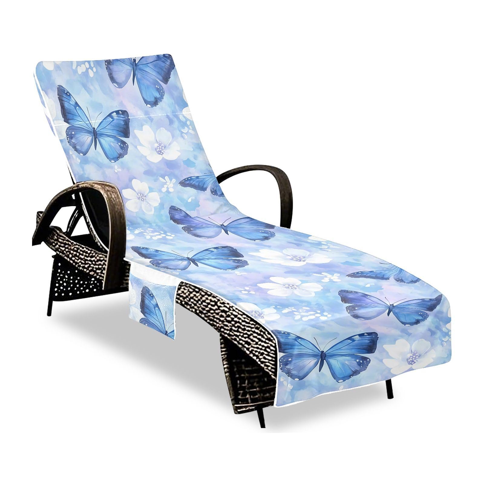 BOESI Graffiti Blue Butterfly Beach Chair Towel, Outdoor Pool Chair Cover, with Pockets, Suitable for Outdoor Beach Garden Sunbathing, 85'' x 30''