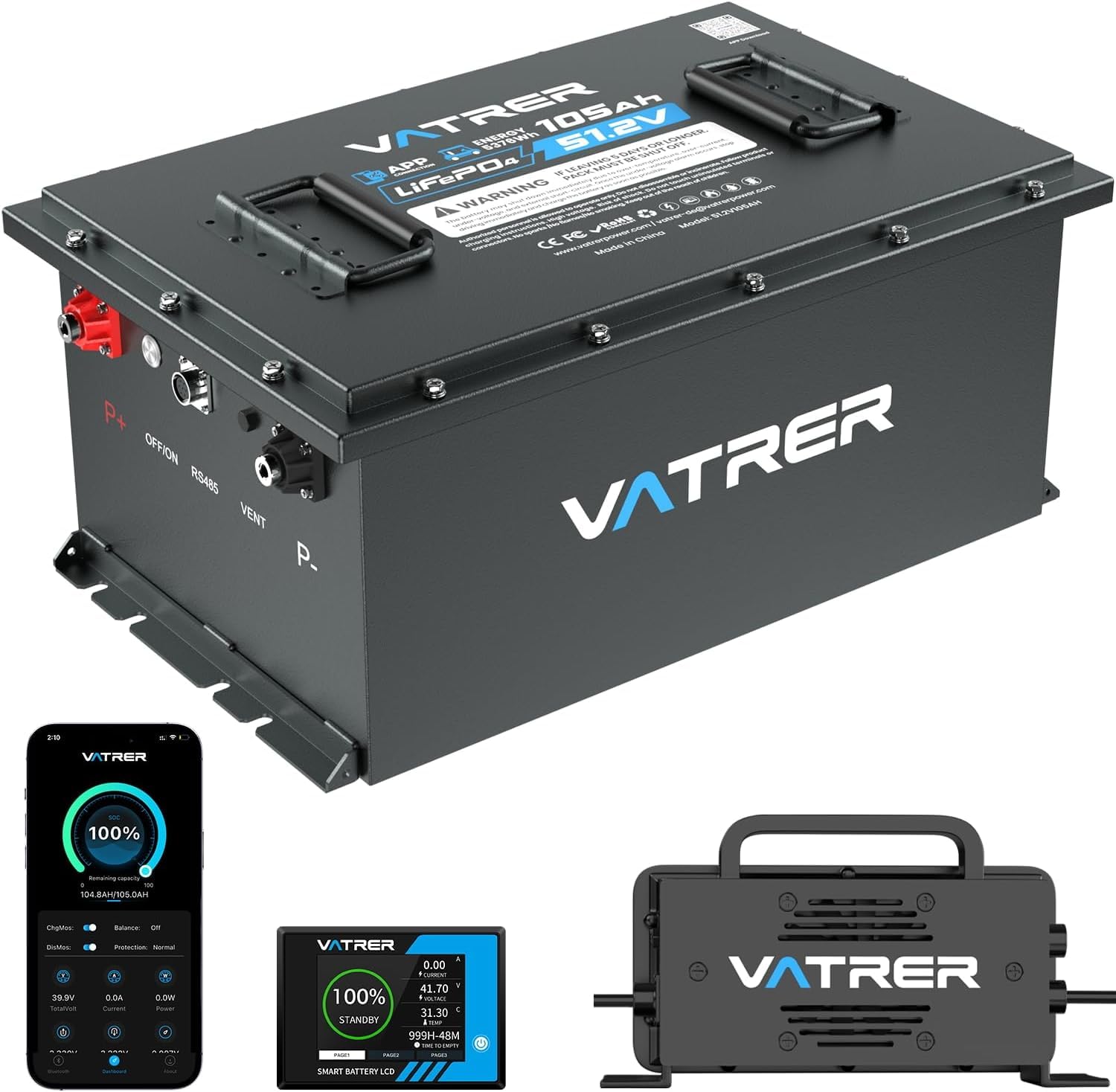 VATRER POWER Batterie LiFePO4 51,2V 105Ah Voiturette Golf, Écran Tactile | App Bluetooth · BMS inteligente de 200 A ·Compatible con Club Car, EZGO, Yamaha, Garia, Melex e Italcar