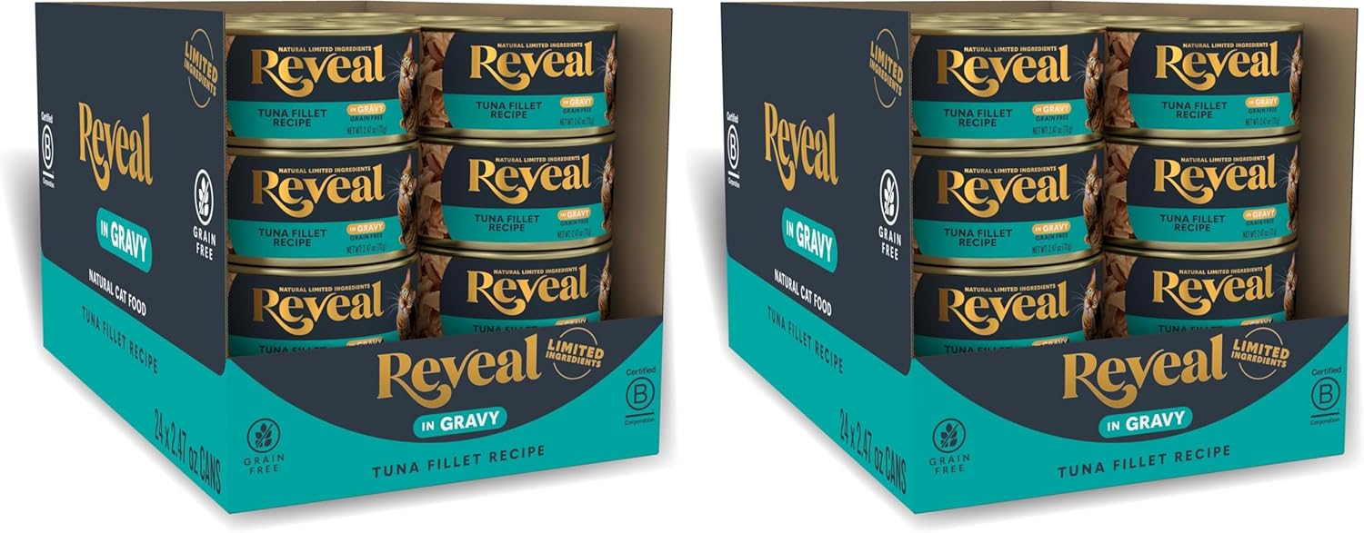 Reveal Natural Wet Canned Cat Food,Limited and Natural Ingredients,Grain Free,High Protein with No Artificial Additives,Tuna in Gravy (2.47 oz Cans),(Pack of 48)