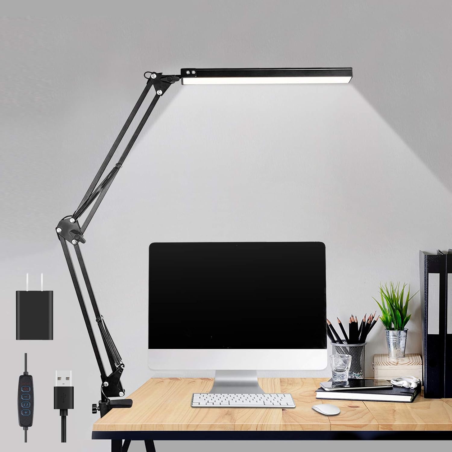LED Desk Lamp,ibaye Adjustable Metal Swing Arm Desk Lamp with Clamp,Eye-Caring Architect Desk Light,3 Color Modes 10 Brightness Levels,Memory Function Desk Lamps for Home Office,14W-Black - - 
