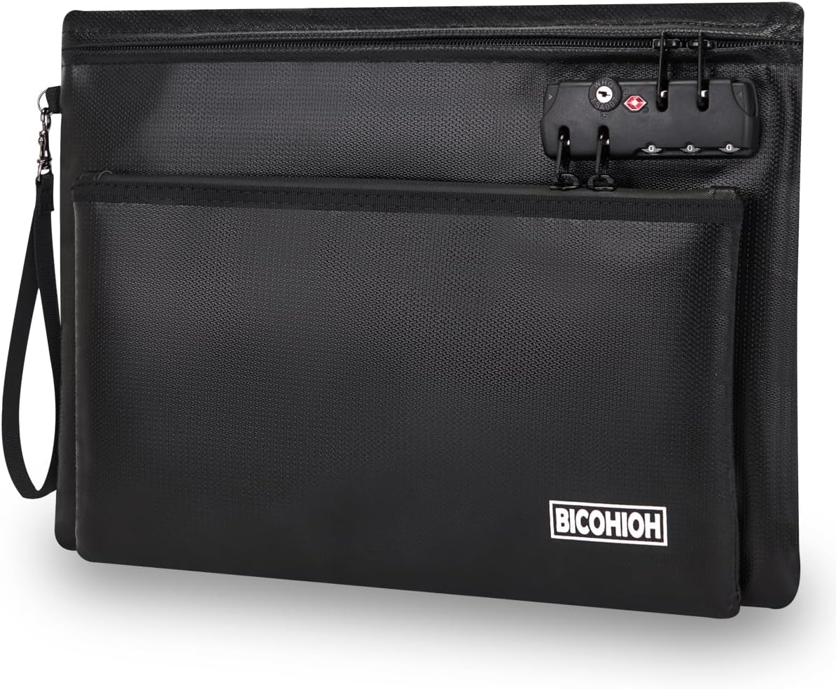 Fireproof Document Bag, Fireproof Money Bag with Lock and Zipper for Cash, FireproofBag Notary Supplies, Fire Safe CashBag Bank Bag (BLACK, Large)