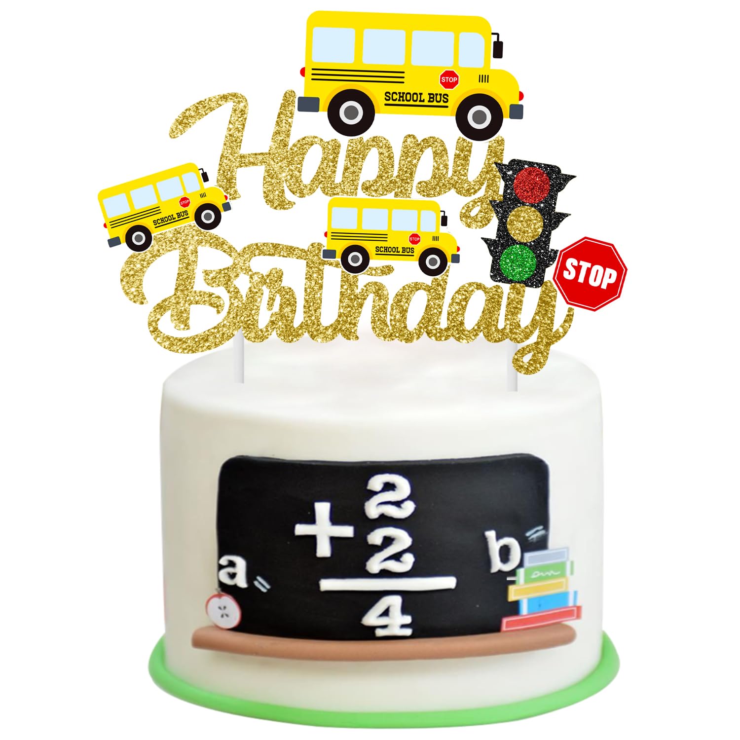 Back to School Cake Topper Glitter Gold School Bus Happy Birthday Cake Decorations