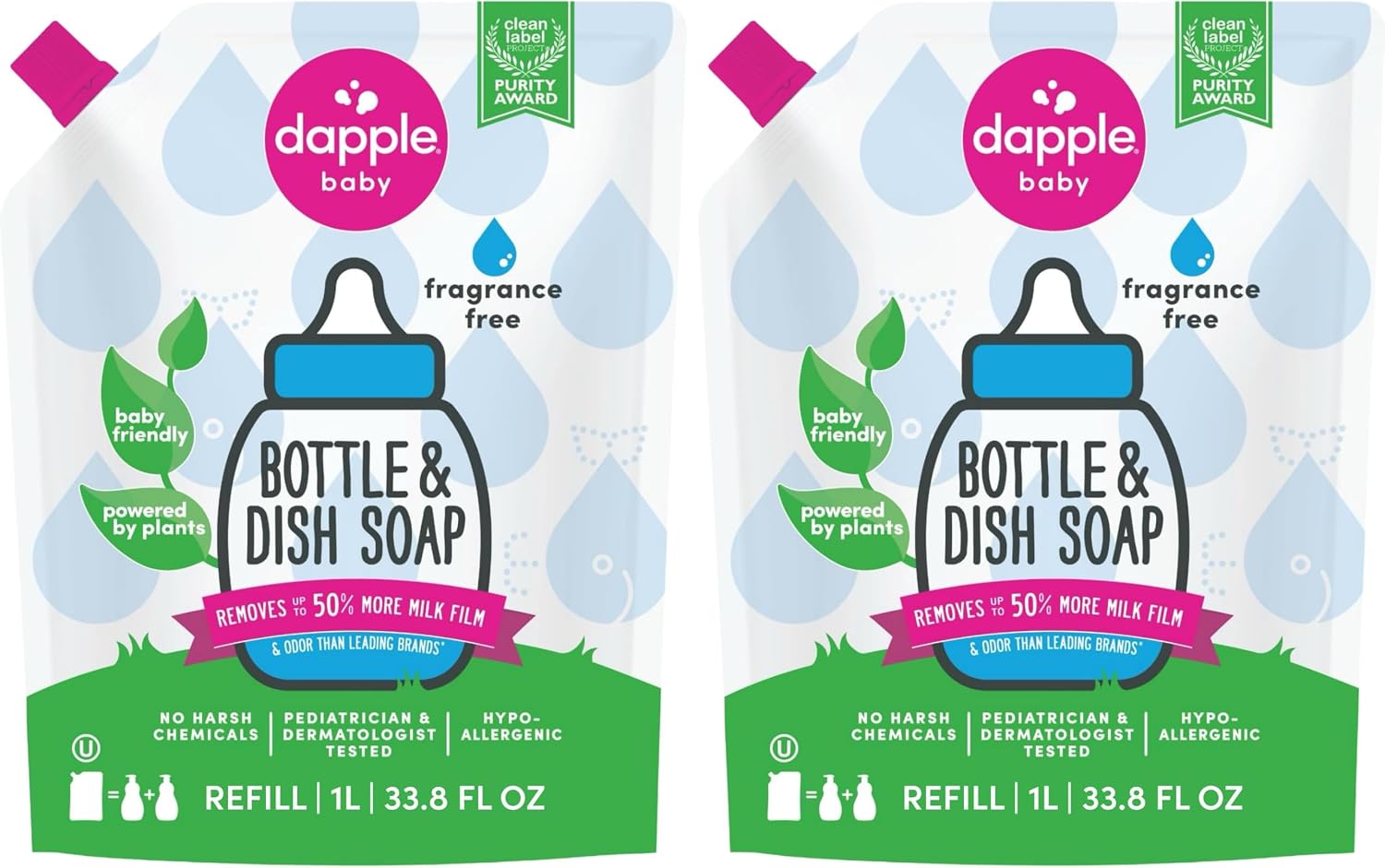 Dapple Refill Pack Baby Bottle and Dish Liquid, Fragrance Free, 33.8 Fluid Ounce (Pack of 2)