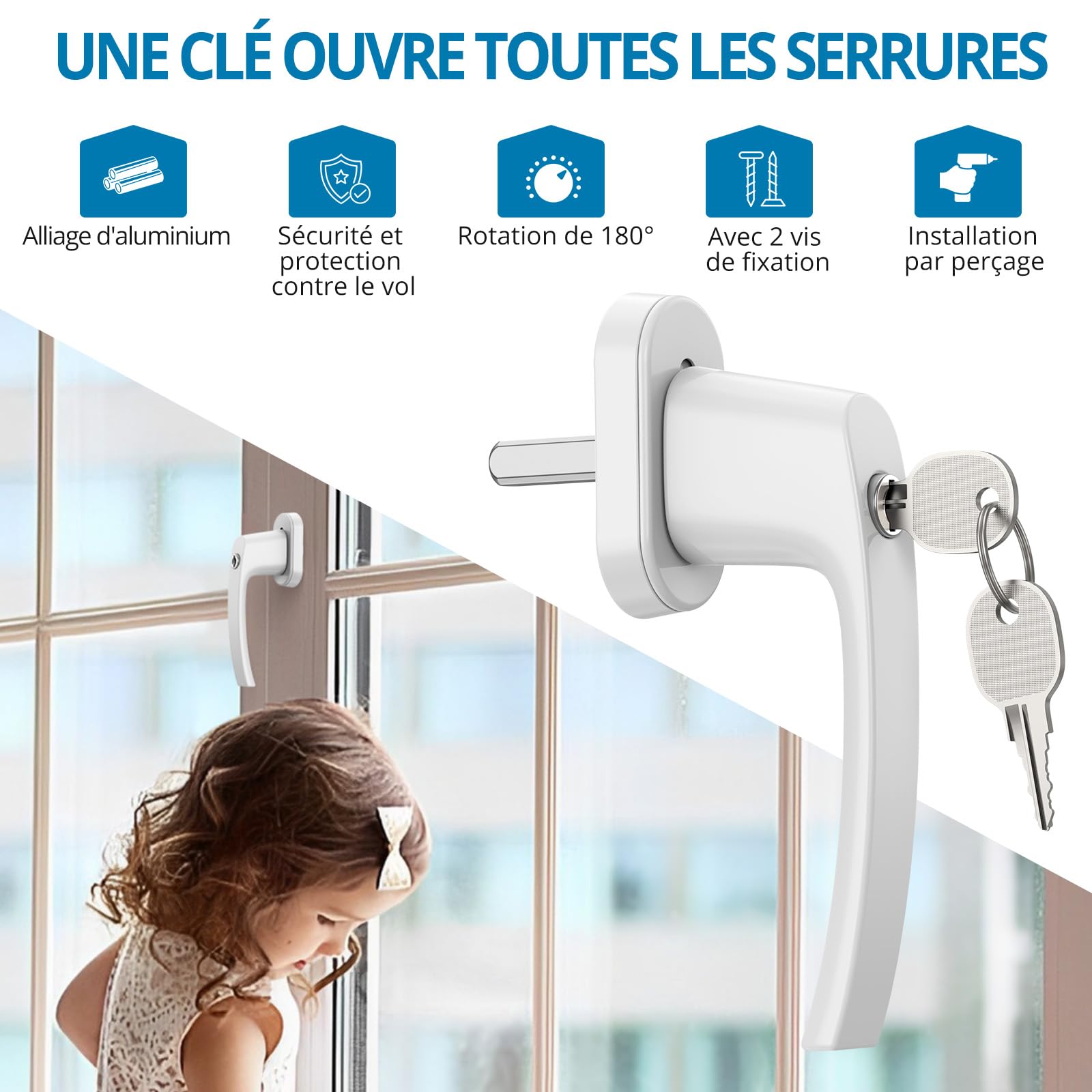 AUTOUTLET 10PCS Poignées de Fenêtre en Aluminium Blanc Poignée de Porte de Balcon Windows avec 8PCS Vis Convient à Toutes Les Fenêtres et Portes de Balcon Courantes