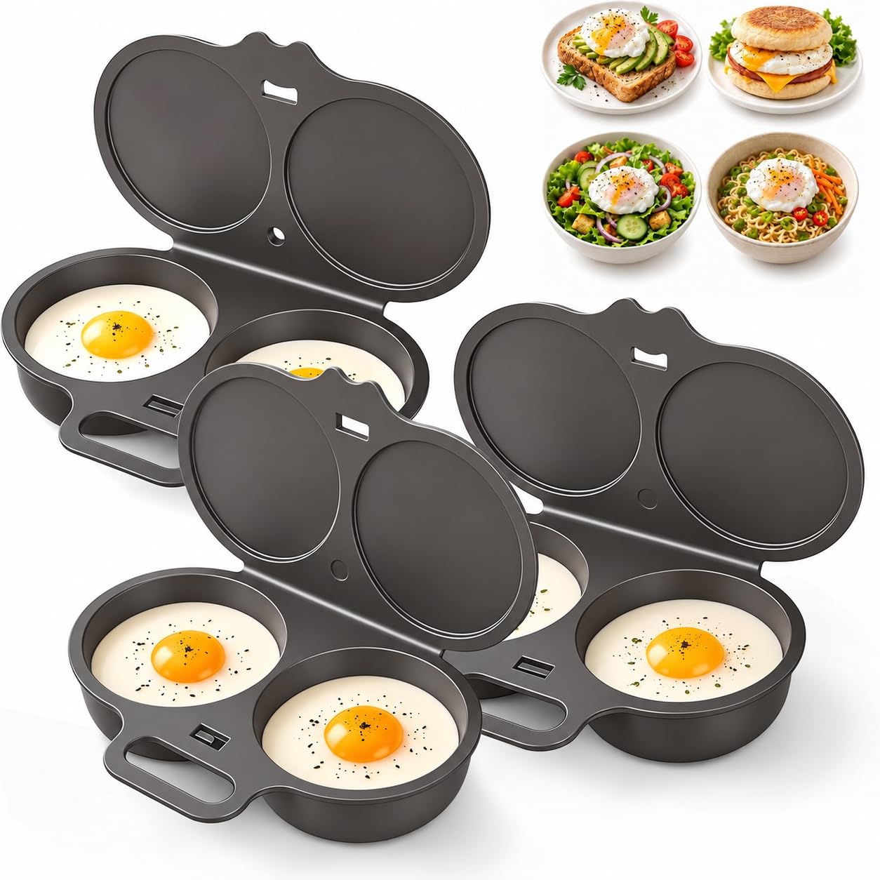 2027 Upgraded Dual Cavity Microwave Egg Poacher With Lid & Handle,Quick-Heat Nonstick Microwave Egg Cooker for 2 Eggs,Quick Oil-Free Cooking,Food-Grade Pp & Versatile Kitchen Essential-Dark Gray,3Pack