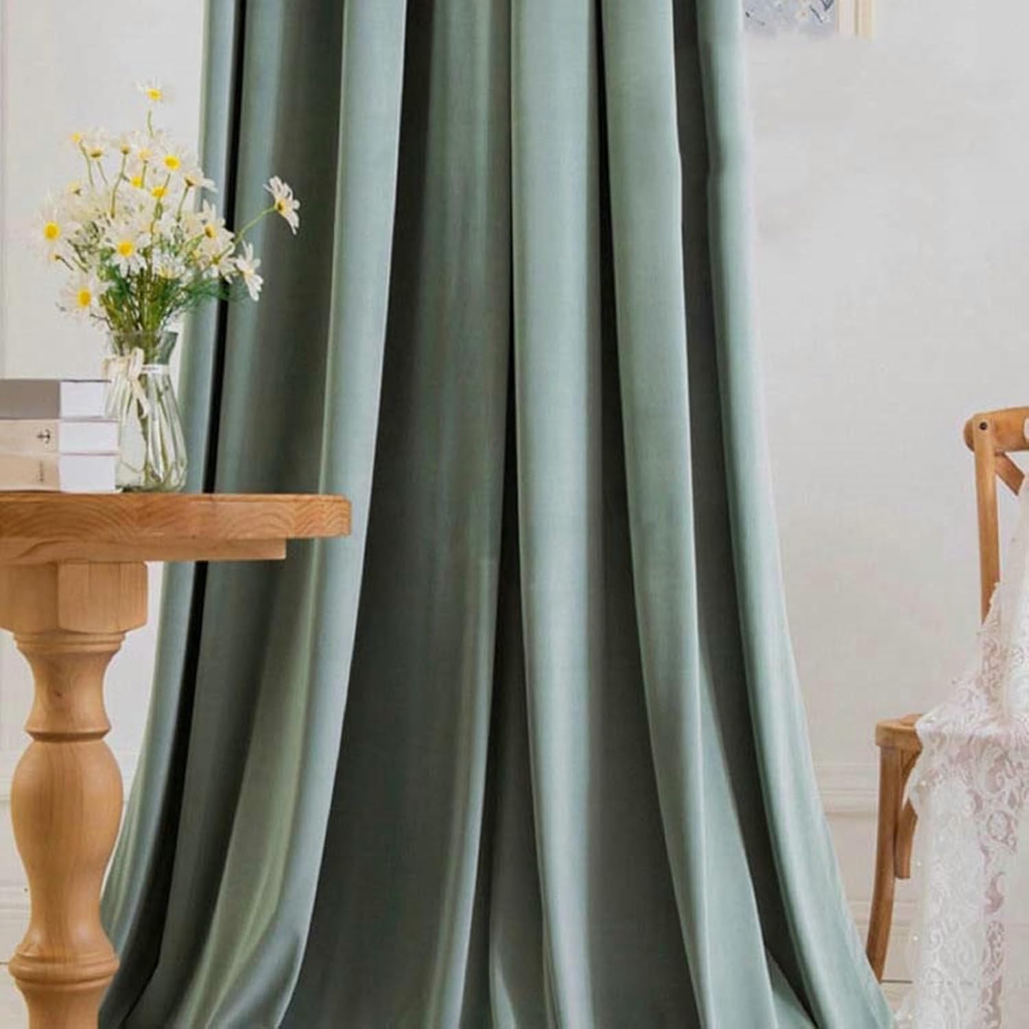 Daesar Bedroom Curtains 2 Panel Sets Blackout, Polyester Grommet Window Treatment Curtains 55" W x 85" H Drapes Velvet Solid Color Light Green Blackout Curtains for Living Room