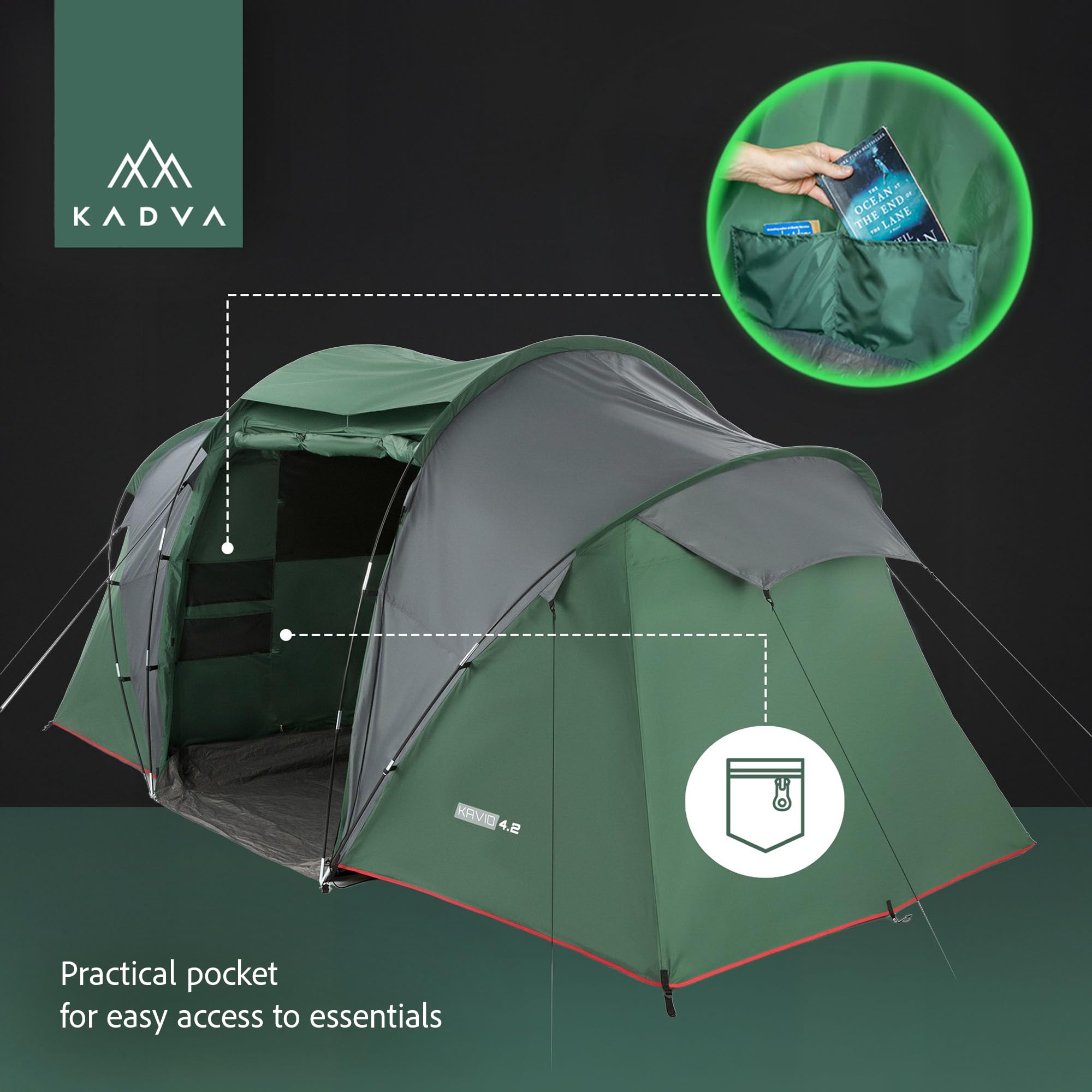 KADVA Tienda de campaña Kavio 4.2, para 4 Personas, con 2 dormitorios, Gran vestíbulo con iluminación, Resistencia al Agua 2000 mm, mosquitera, Marco Exterior Estable, compacta (68 x 30 cm, 11,96 kg)