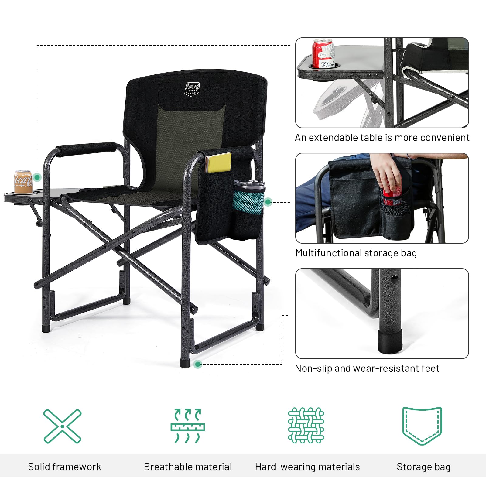 Timber Ridge Director's Chair Folding Aluminum Camping Portable Lightweight Chair Supports 135kg with Side Table Outdoor Black