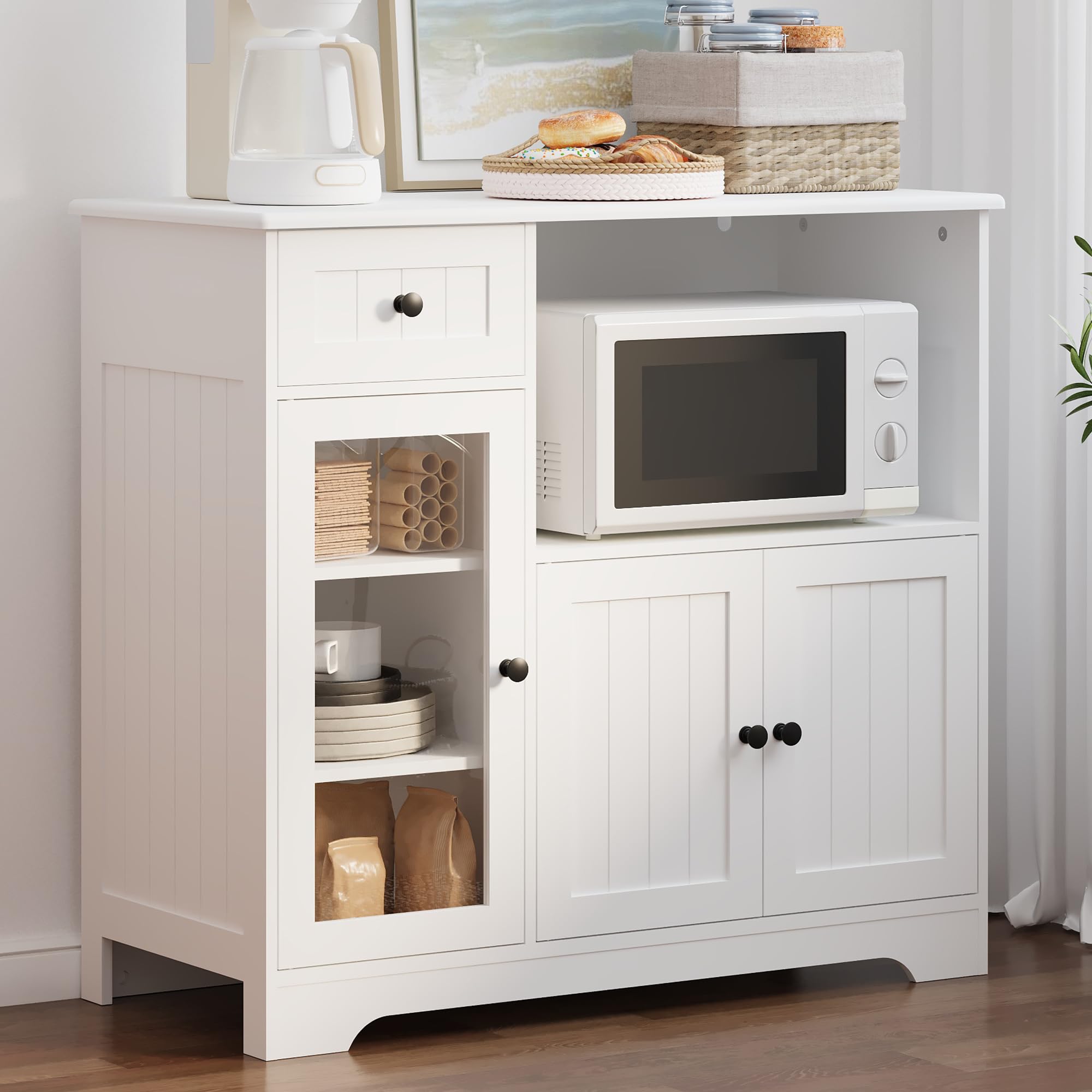 Küchenschrank mit Arbeitsplatte, Buffetschrank mit Mikrowellenregal, Sideboard mit 1 Schubladen, 3 Tür, Verstellbaren Regalen, für Küche, Esszimmer und Wohnzimmer, 90 x 40 x 82 cm, Weiß