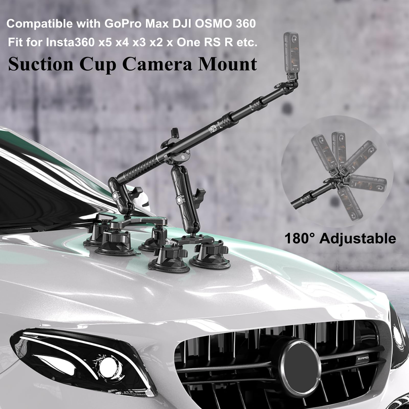 Car Suction Cup Mount Kit With Extendable Selfie Stick & Dual Arms