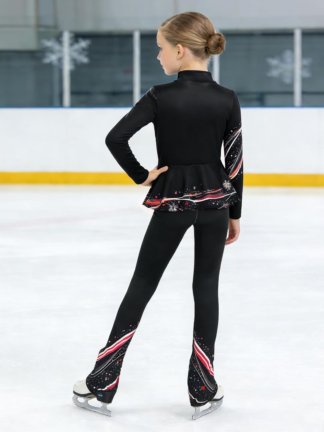 Kids Girls Stylish Print Figure Skating Outfit Stylish Print Fleece Peplum Jacket And Leggings Set Red 6 Years
