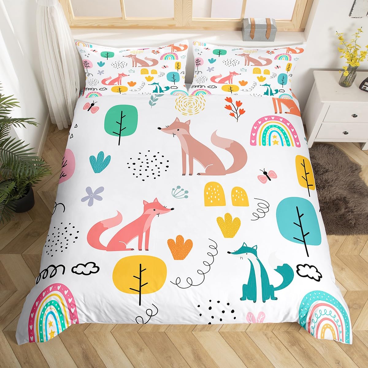 Couvre-lit plantes feuilles et renard 220x240 pour calmer le sommeil agité des enfants