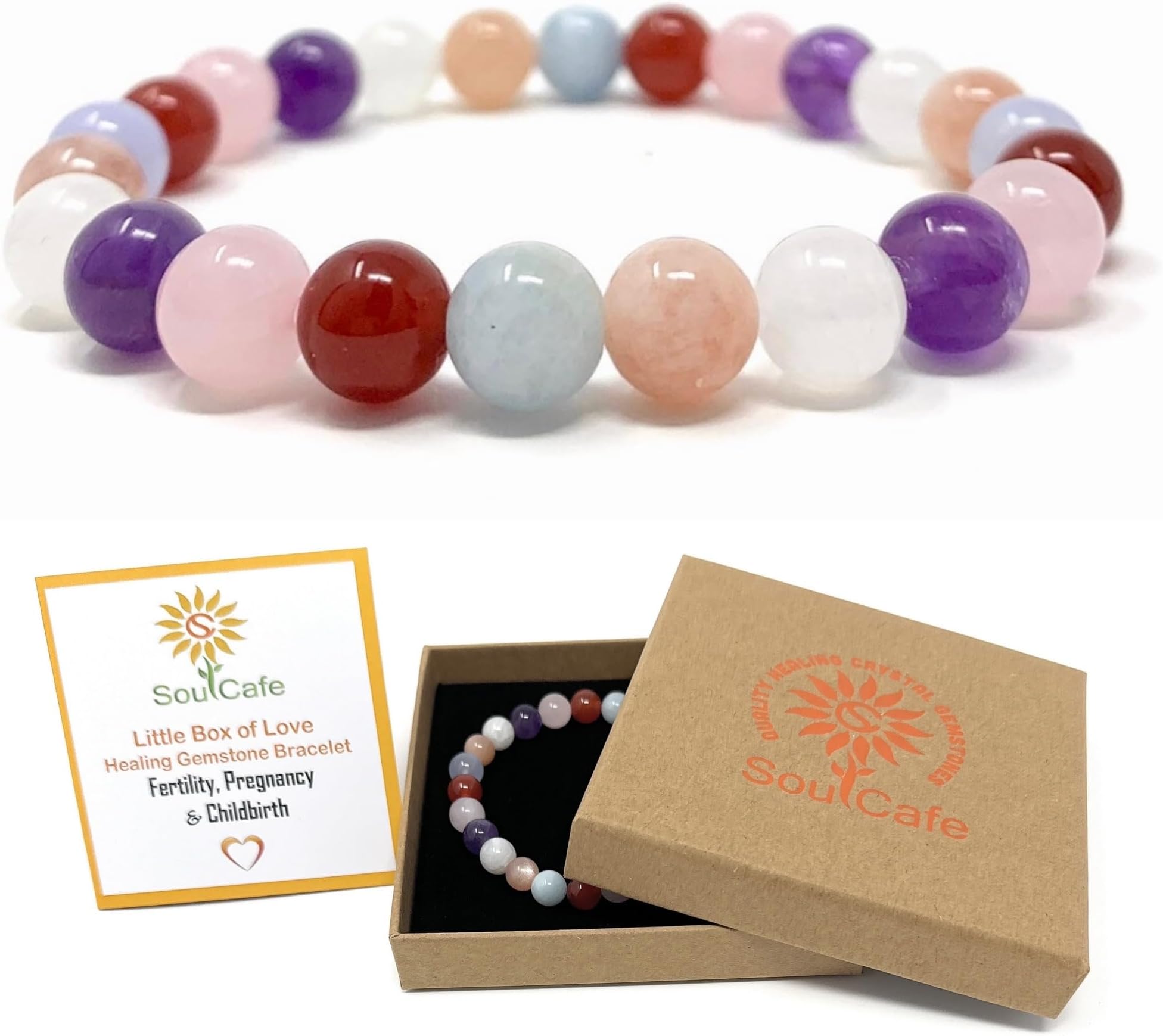 SoulCafeConnectFertility, Pregnancy & Childbirth Bracelet - Stretch Crystal Bead Bracelet - Rose Quartz, Aquamarine, Amethyst, Moonstone, Carnelian, Sunstone, Blue Lace Agate - Gift Box & Crystal Infomation Card