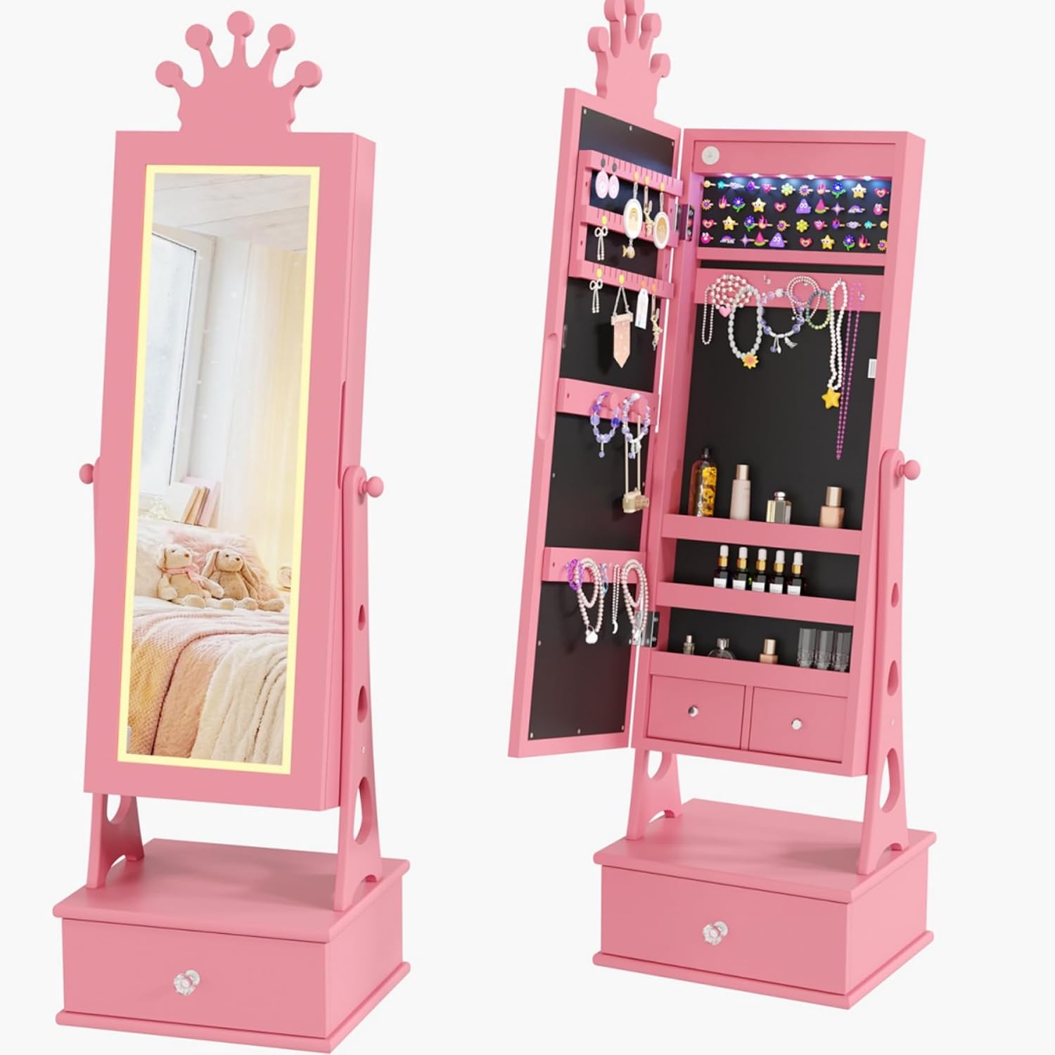 Garvee Kids Jewelry Armoire Cabinet, Standing Jewelry Organizer with Full-Length Mirror, 3 Storage Drawer, Kids Vanity Dress Up Mirror Jewelry Cabinet for Girls