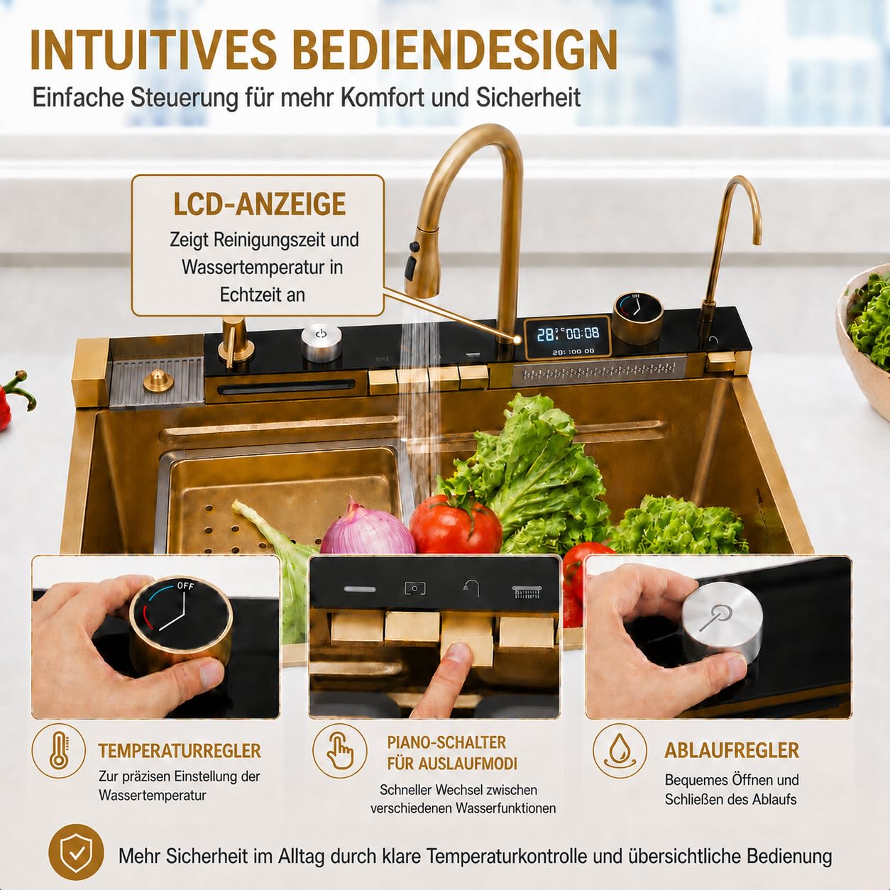Évier de cuisine multifonction cascade robinet amovible plusieurs variantes de bec avec nettoyant pour tasses et distributeur de détergent 75 x 46 x 22 cm Doré