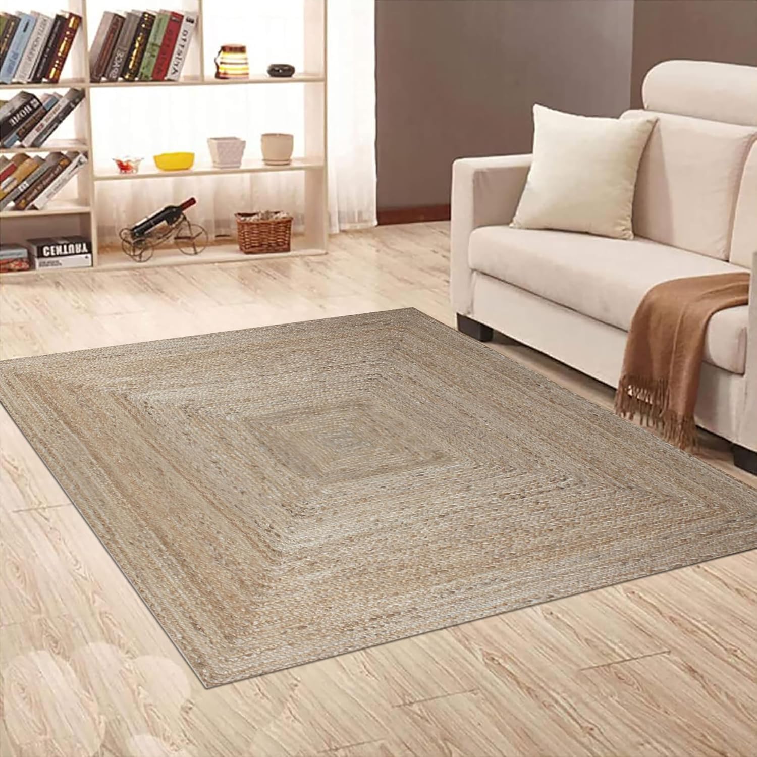 Kelim Tapis en jute sisal tissé à la main 90 x 90 cm Motif géométrique Beige 0,7 cm d'épaisseur Tissé à la main Tapis d'intérieur et d'extérieur Idéal pour cuisine, table de chevet