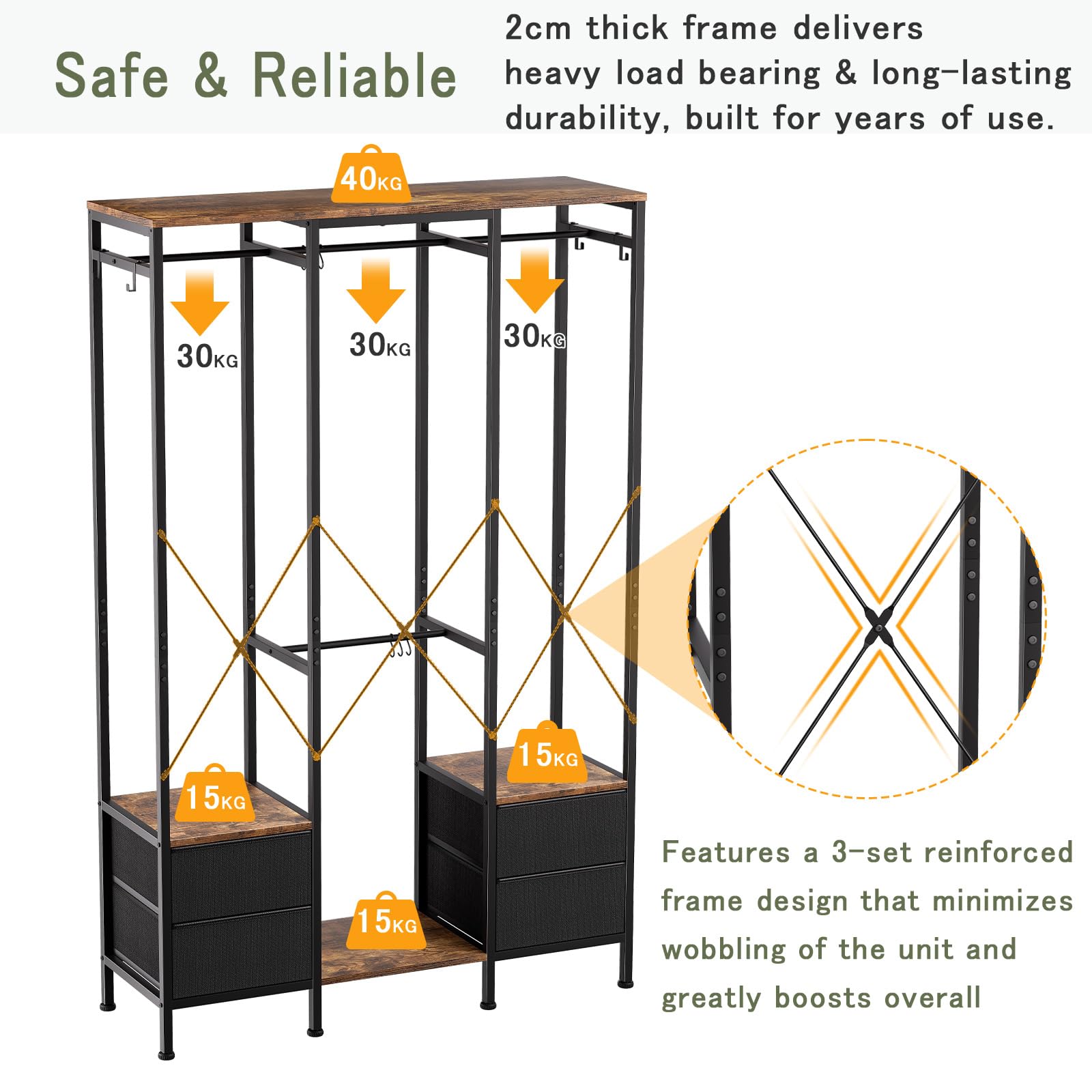 Portant vêtements Robuste，penderie avec 4 tiroirs Rangement，Noir | Matériaux écologiques，Montage facile，Structure panneaux et cadre métallique, robuste et durable，Grande capacité de rangement