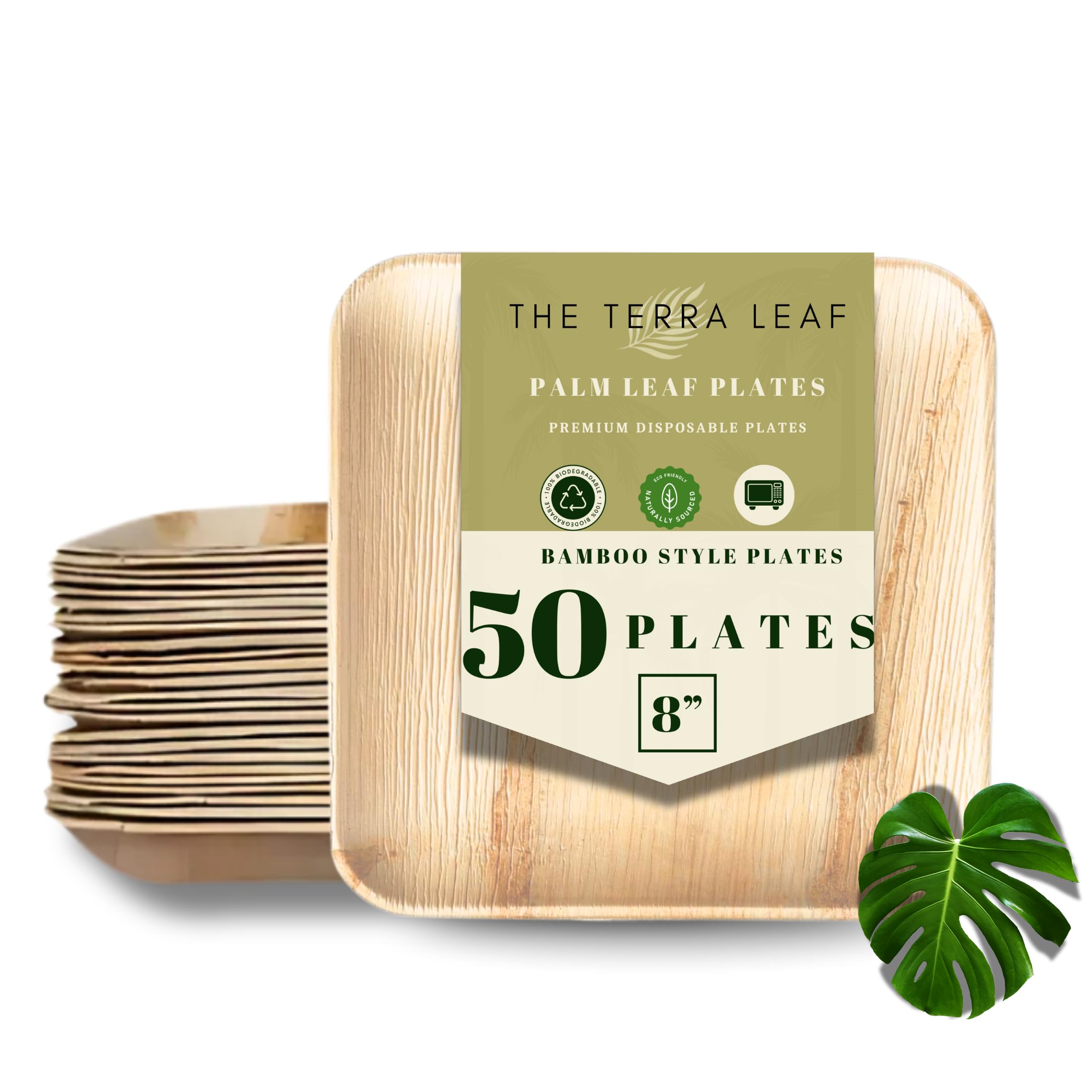 Palm Leaf Compostable Plates - 8" Square, Pack of 50 Disposable Dinnerware for Valentine's day, Rustic Bamboo Appetizer Plates, Romantic - Charcuterie Boards & Biodegradable Serviceware