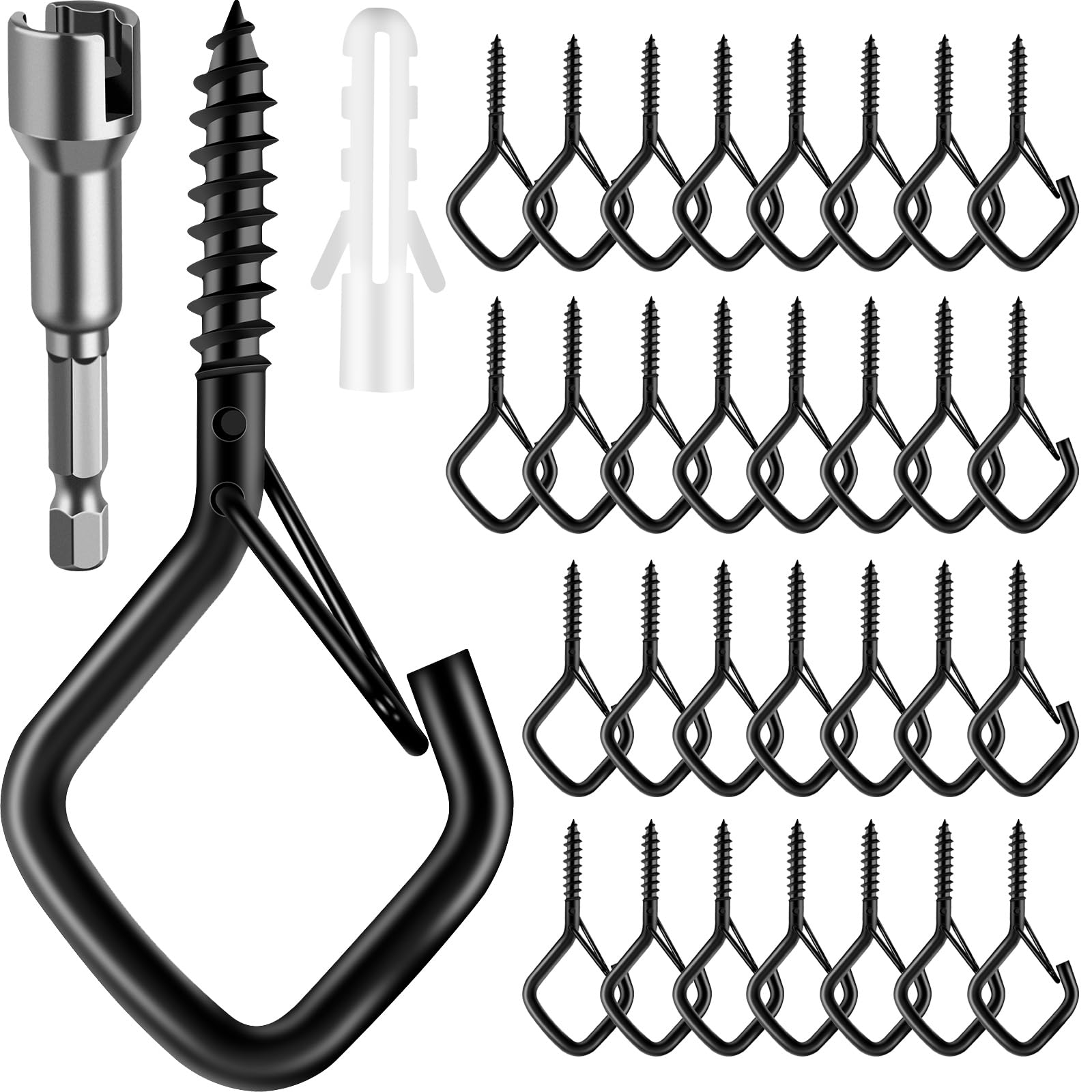 60 PCS Square-Hanger Hooks, Screw Hook Outdoor String Lights, Safety Buckle Cup Eye Hooker for Hanging Christmas Lights, Plants, Wind Chimes, Mounted on Wall Ceiling, Black with Wind Nut Driver