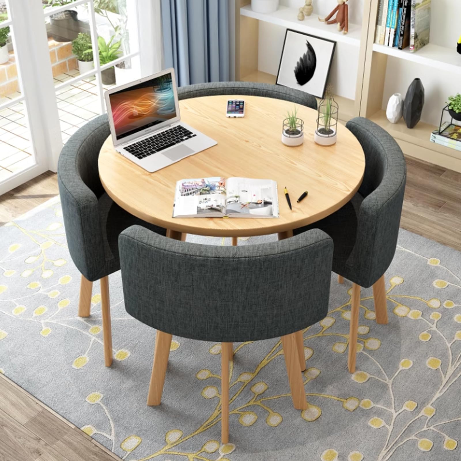 Round Kitchen Dining Table Set for 4, Space Saving Table and Chairs Set with Thick Tabletop 4 Upholstered Chairs, Dinning Room Modern Casual Coffee Table Set(D 31.5inch/80cm, Dark greyA)