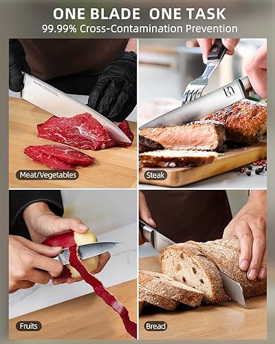 Miniatura 7 de Juego de 15 cuchillos japoneses de acero inoxidable de alto carbono con bloque y afilador, juego de cuchillos negros afilados de alta calidad para