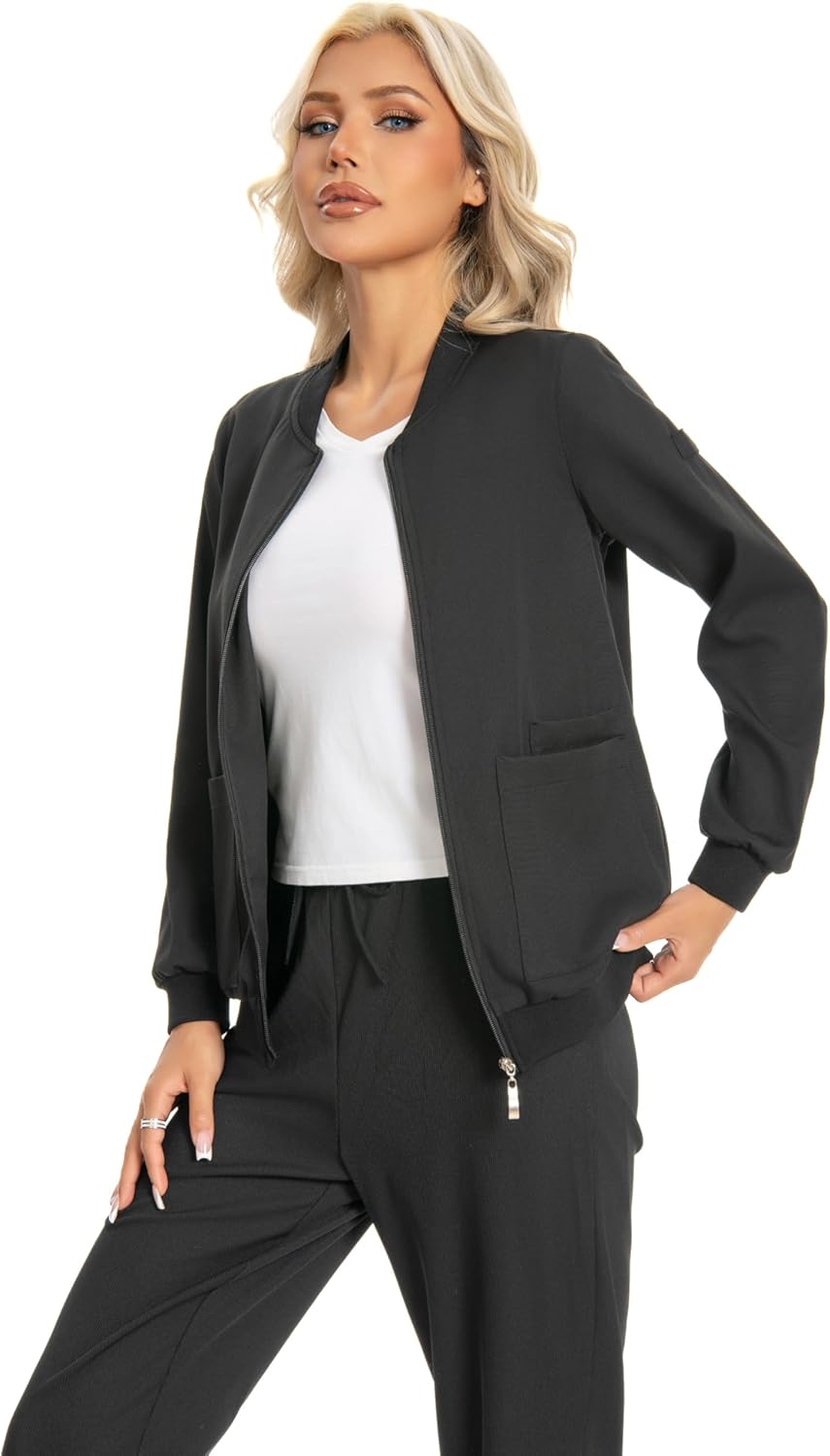 Scrub Jackets for Woman, Zip Front Nurse Jacket, 4-Way Stretch Fabric with Four Pockets - Image 3