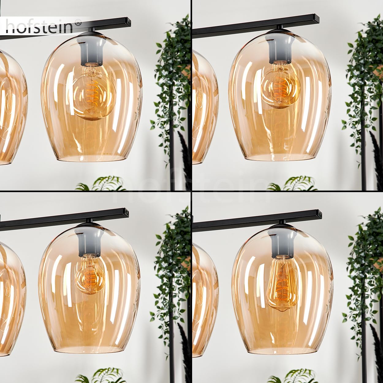 Vevino Pendelleuchte Retro-Design – 4 Flammig, Metall/Glas In Schwarz/Bernstein, Max. 154 Cm, Ohne Leuchtmittel