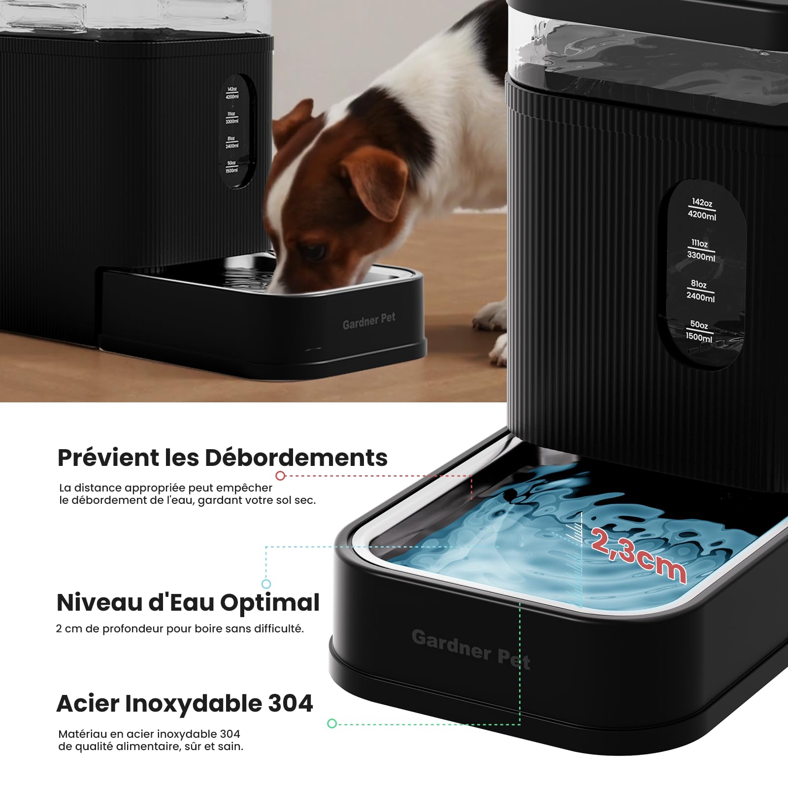 Gardner Pet 6.5L Distributeur Eau Chat Automatique, Gamelle Chat Automatique par Gravité, Distributeur Eau Chien avec Gamelle en Acier Inoxydable, Pas d'électricité, sans BPA - Noir
