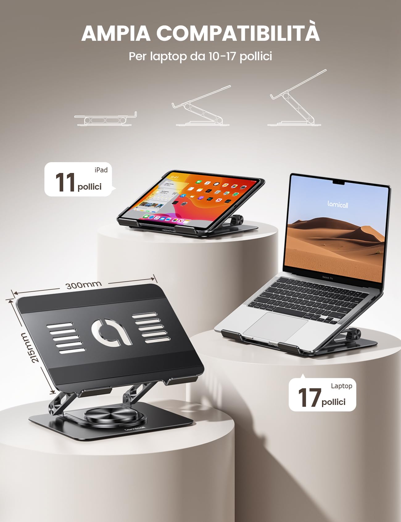 Lamicall Supporto PC Portatile - [360° Rotazione] [Base Migliorata, Più Stabile] Porta PC Alluminio Pieghevole, Altezza & Angolo Regolabile, Ventilato Supporto Ergonomico per Laptop da 10-17,3"