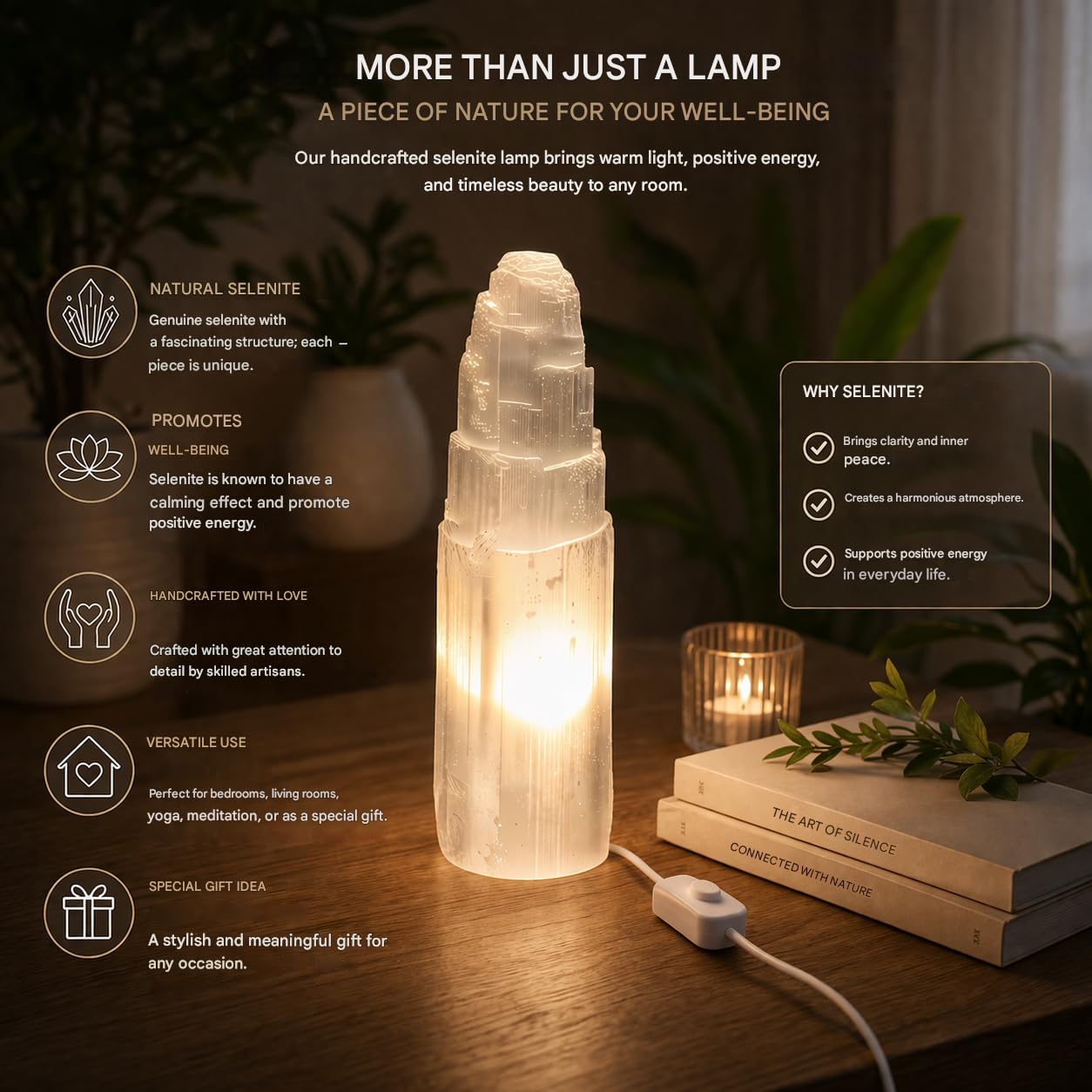 Lámpara de Torre de Selenita, Grande, Blanco Natural, Curación, Claridad y Meditación, Lámpara de Mesa de Cristal, Piedra Preciosa, Regalo, Mineral, Decorativo (35 cm)