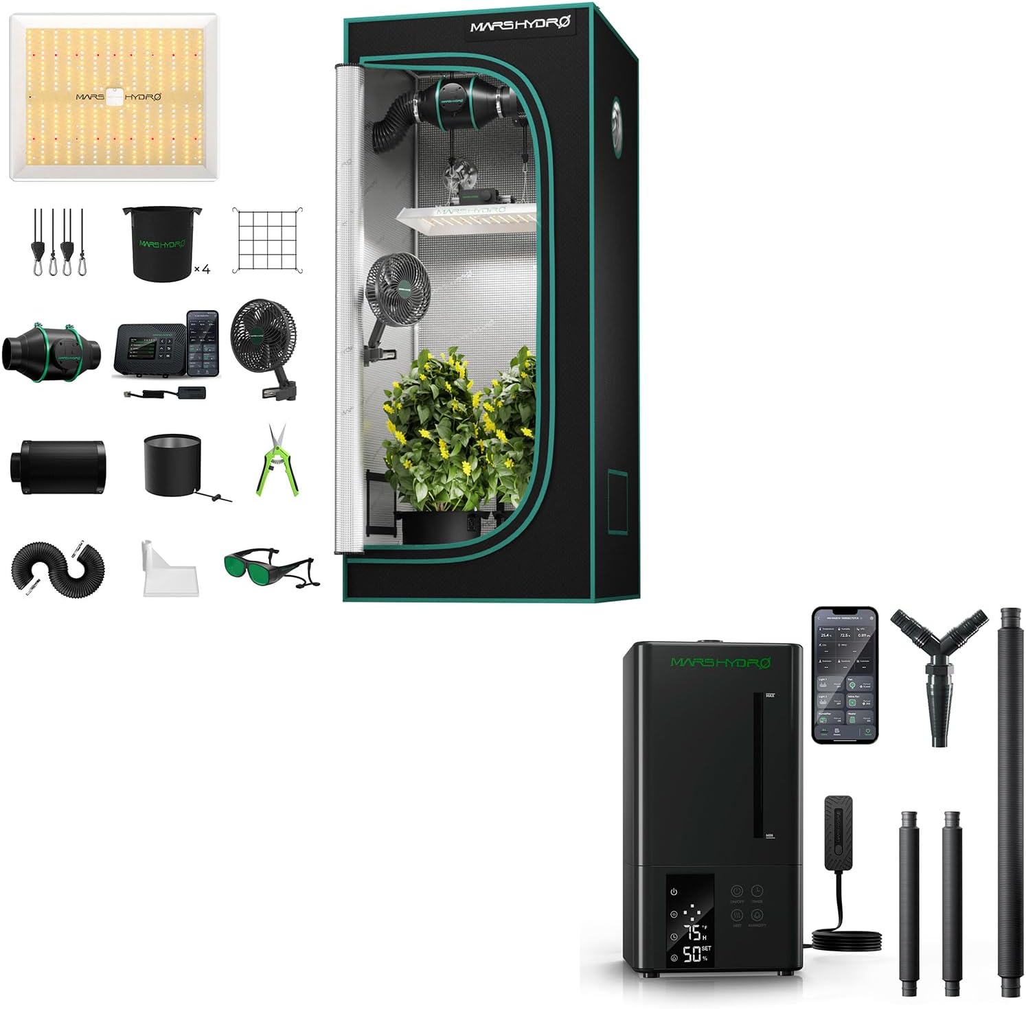 MARS HYDRO 3x3 Smart Grow Tent Kit with Plant Humidifier 6L,WiFi-Integrated Controller,150W TS1000 LED Programmable Grow Light,32"x32"x63" 1680D High Reflective Mylar,4 inch Automatic Ventilation kit