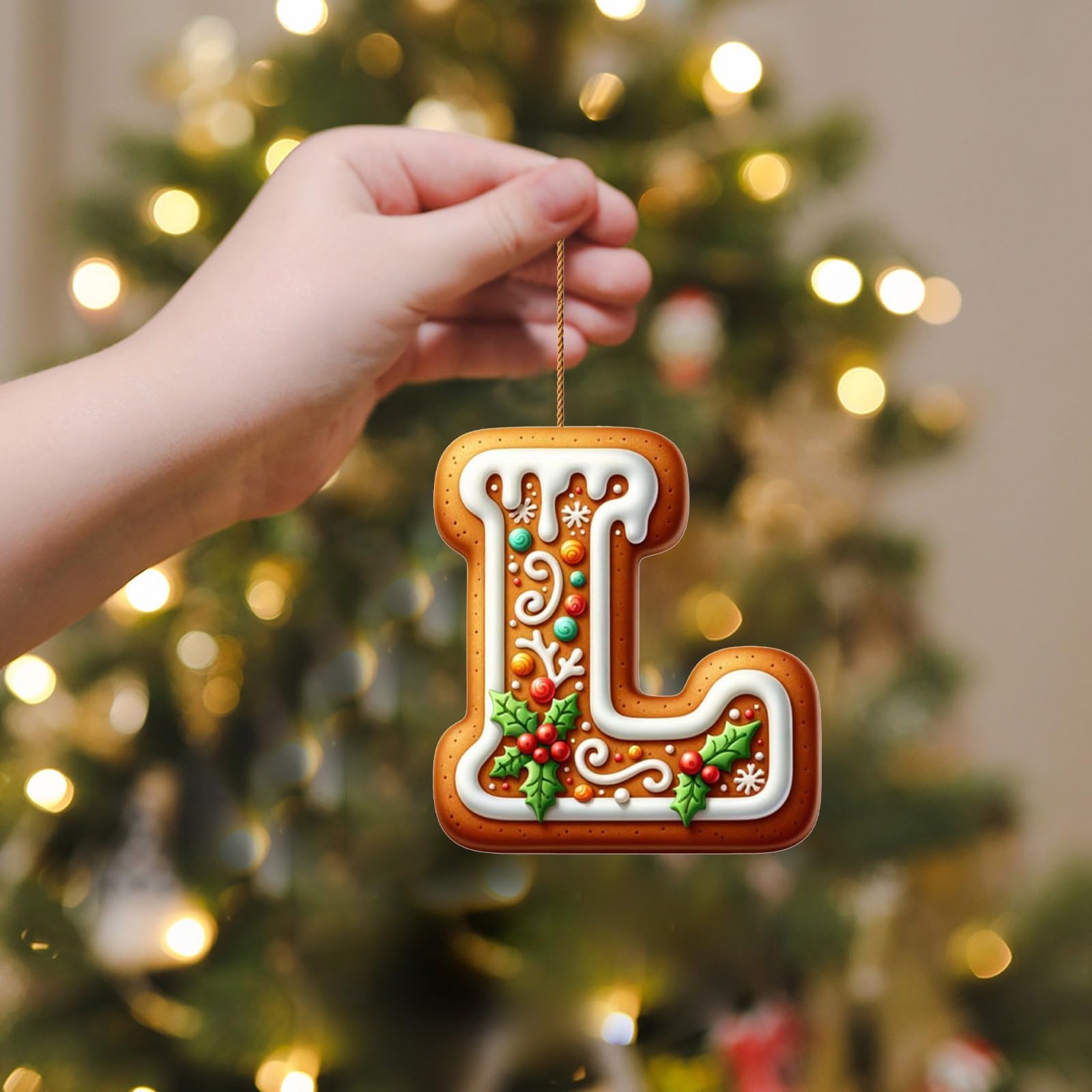 Corlidea A-Z 26 Gingerbread Alphabet Ornaments for Christmas Tree Decorations, Candy Cane Initial Letter Xmas Pendant with Berries Pattern, Christmas Tree Hanging Ornaments DIY for Home Party Decor