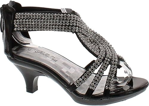 J.J.F Shoes Fabuloso Angel-37K Sandalias de tacón con plataforma de diamantes de imitación brillantes para niñas pequeñas, Negro -