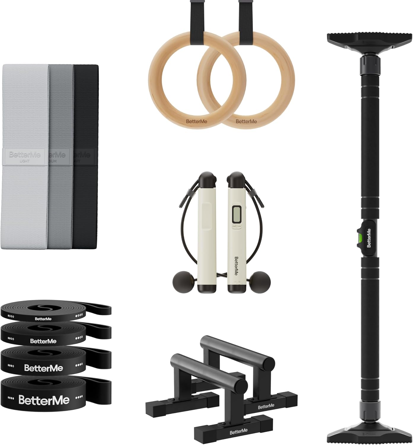 BetterMe Calisthenics Home Studio Kit - Ultimate Home Gym Calisthenics Equipment Kit with Parallettes Resistance Bands Gymnastics Rings Door Pull Up Bar and Jump Rope - At Home Calisthenics Equipment