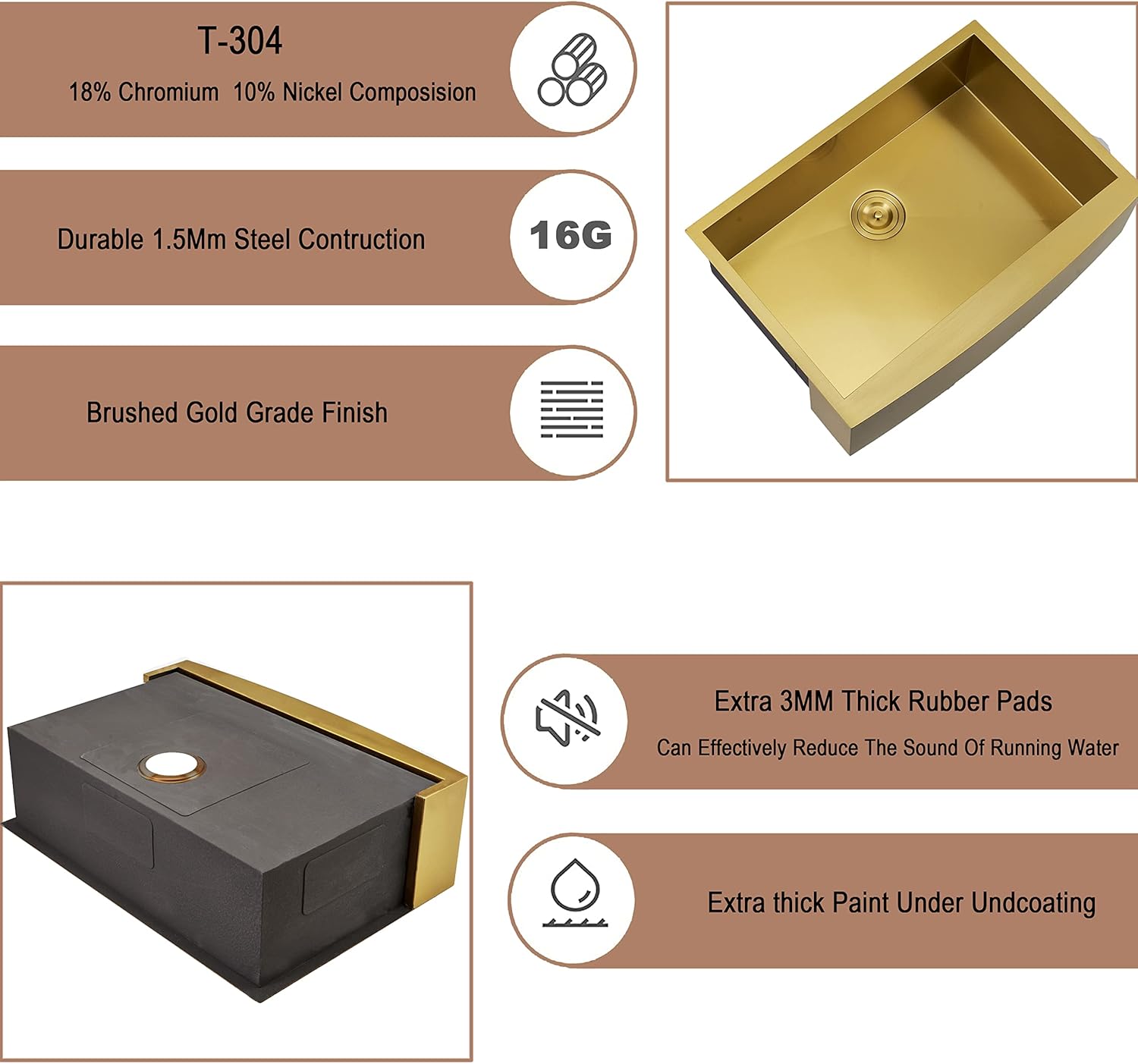 HOTIS Gold Farmhouse Sink, 30 Inch Gold Kitchen Sink, Flat Apron-Front Undermount Drop In Farm Sinks, Stainless Steel Single Bowl Handmade Farmhouse Kitchen Sinks With Accessories