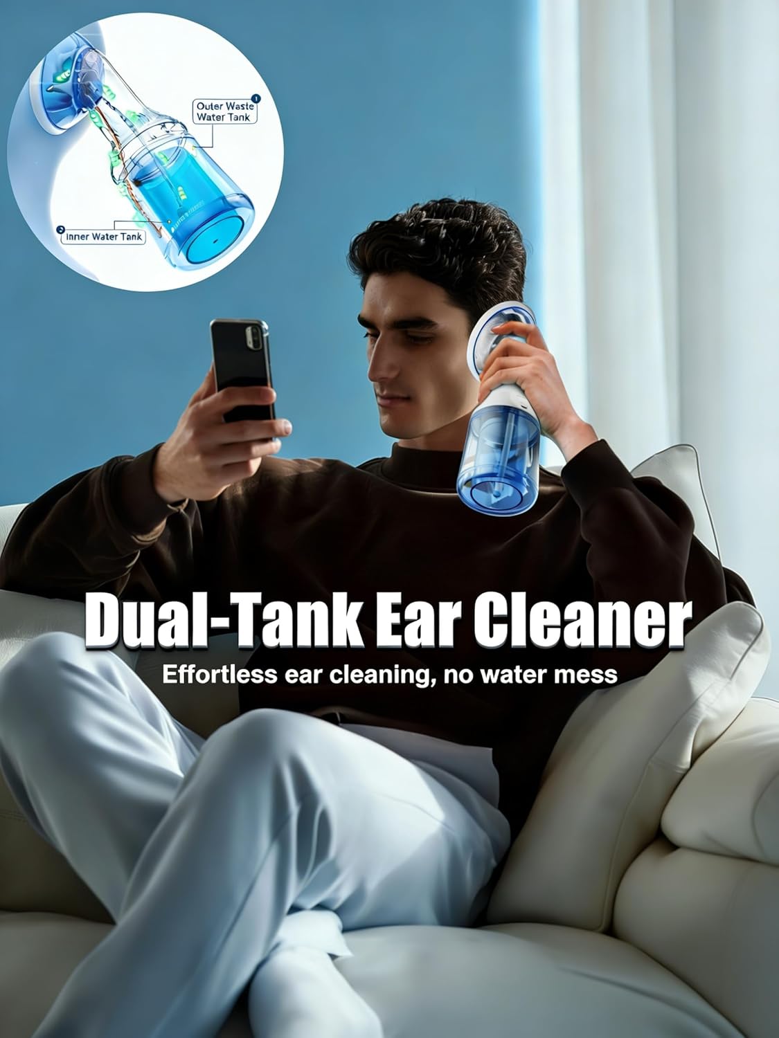 Electric Ear Wax Removal Kit - Dual Tank Water Powered Cleaner with 4 Pressure Modes, Dual Nozzles, 4 Tips, USB Rechargeable, IPX7 Waterproof for at-Home Ear Care (Blue)