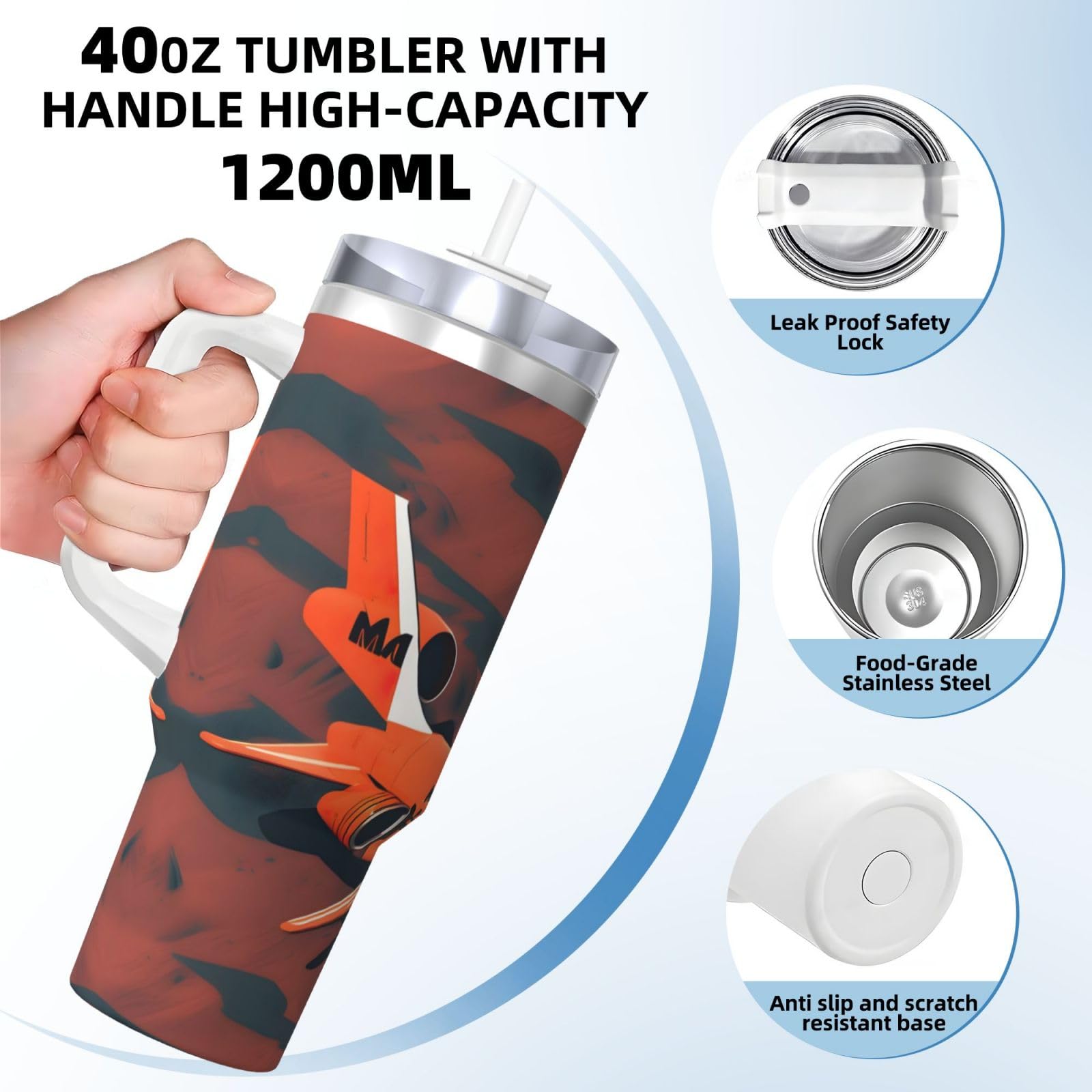 Mars Planet 1 doppelwandige, isolierte Wasserflasche mit Griff und Strohhalm-Deckel, Edelstahl, 1,2 l