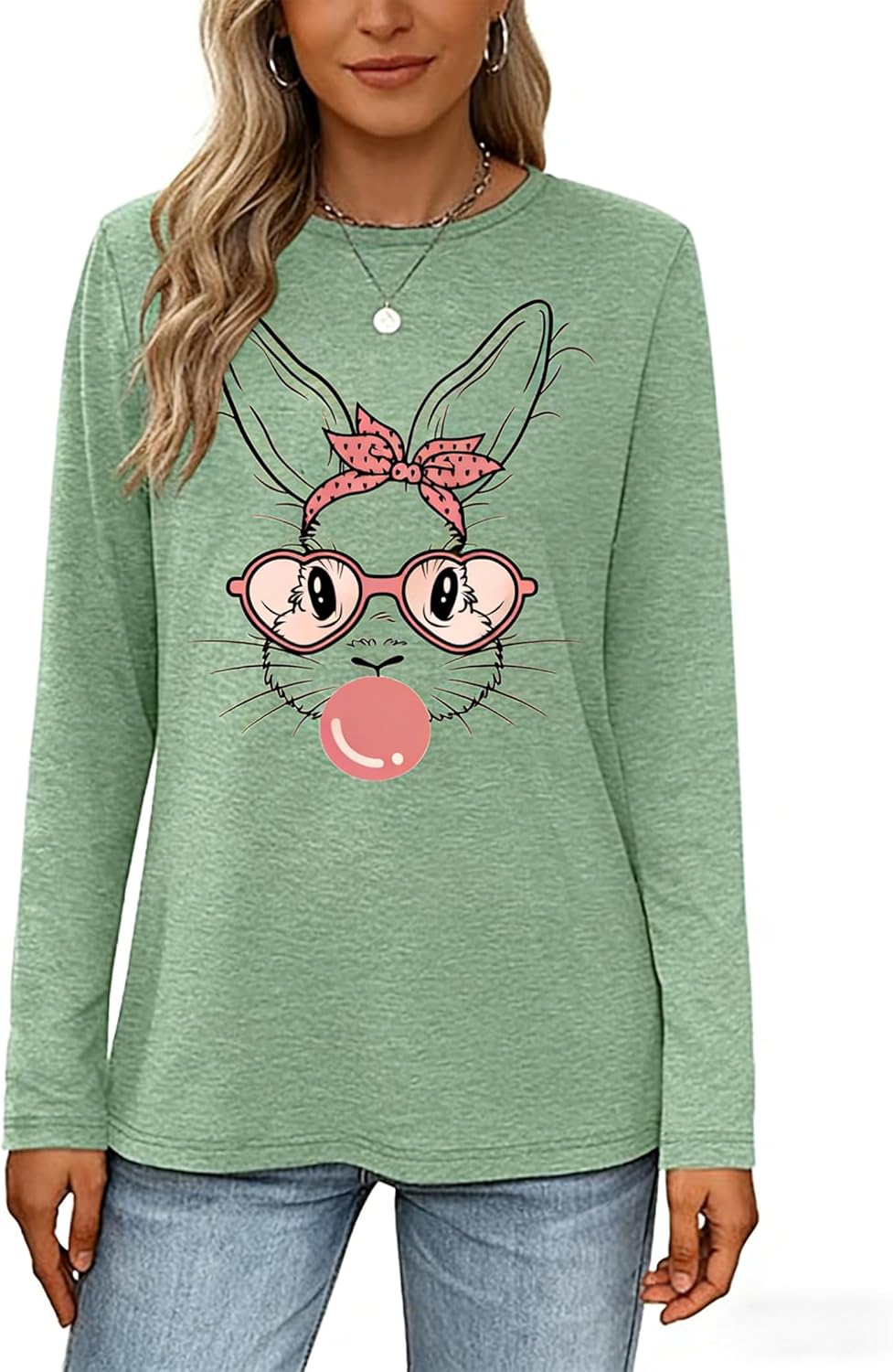 Easter Day T Shirts for Women-Bunny Shirt Cute Rabbit Graphic Tees Long Sleeve Holiday Tops - Image 7