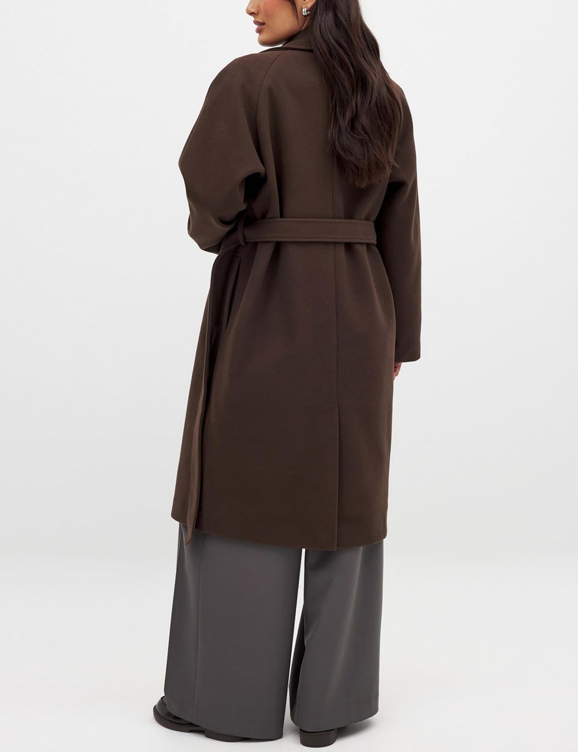 Majdan Women's Notch Lapel Wool Blend Coat Mid Long Winter Overcoat Oversized Peacoat Belted Long Jacket - Image 3