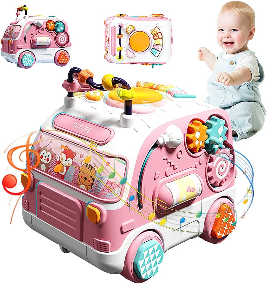 Fiotha Juguete Musicales para Preescolar Bebés, Rueda Omnidireccional Juguete de Coche con Música/Luz/Bloque, Juguetes Aprendizaje Musical Regalo, Babe Educativo Juguetes niños 1 años, Rosa