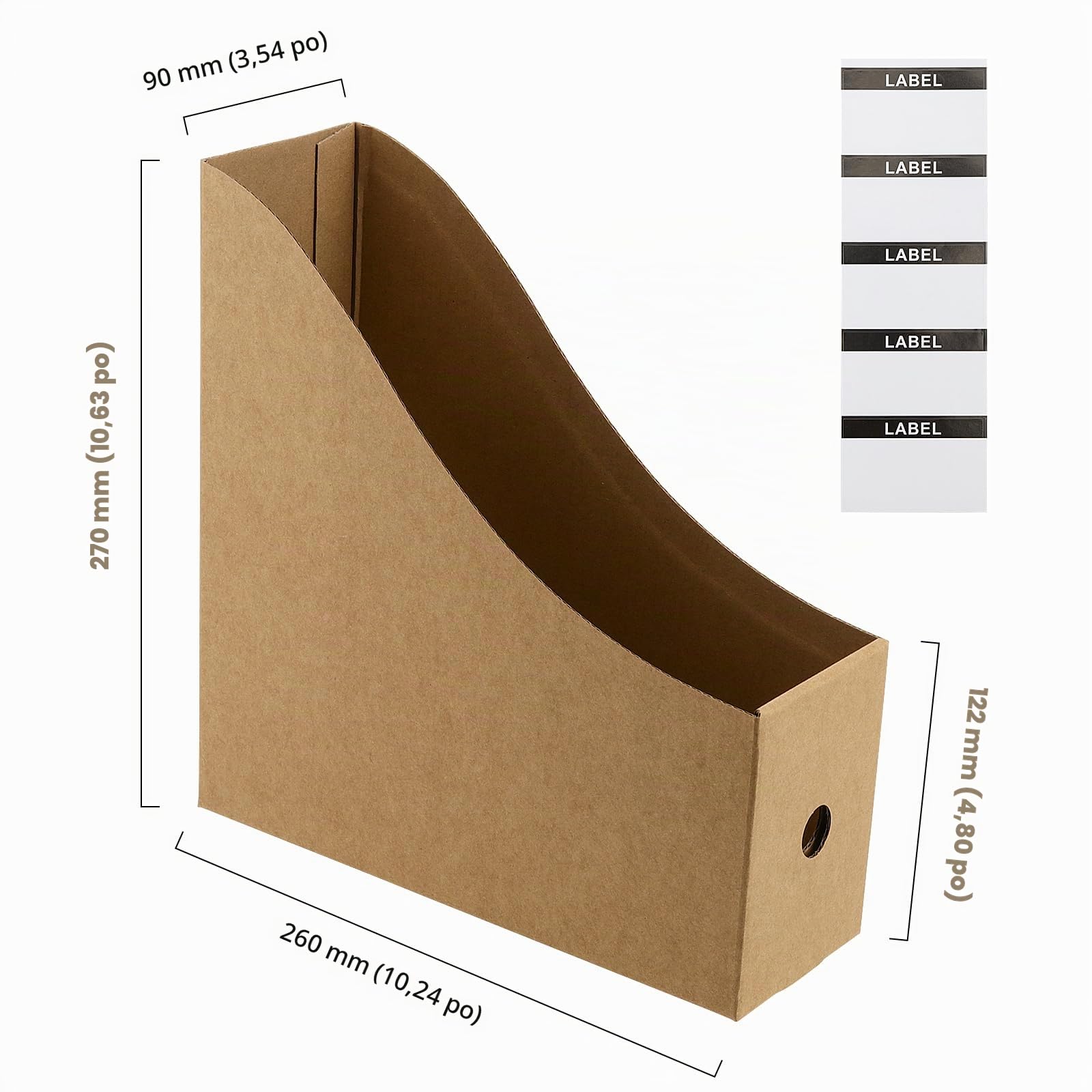 Lot de 20 porte-revues marron en papier kraft - 26 x 9 x 27 cm - Porte-revues de bureau - Porte-revues A4 - Avec étiquettes pour fournitures de bureau
