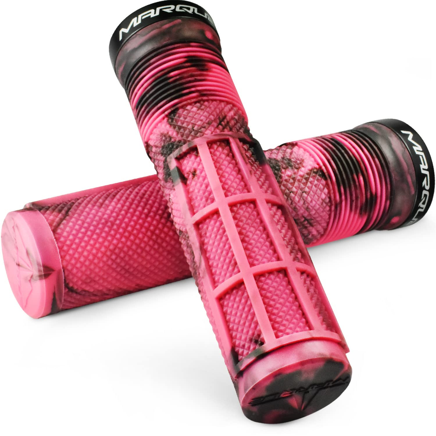 MARQUE Race Mountain Bike Handlebar Grips – Single Lock-On Ring Collar MTB and BMX Bicycle Handle Bar with Non-Slip Grip, Knurly Gritty Pattern and Half Waffle Pattern