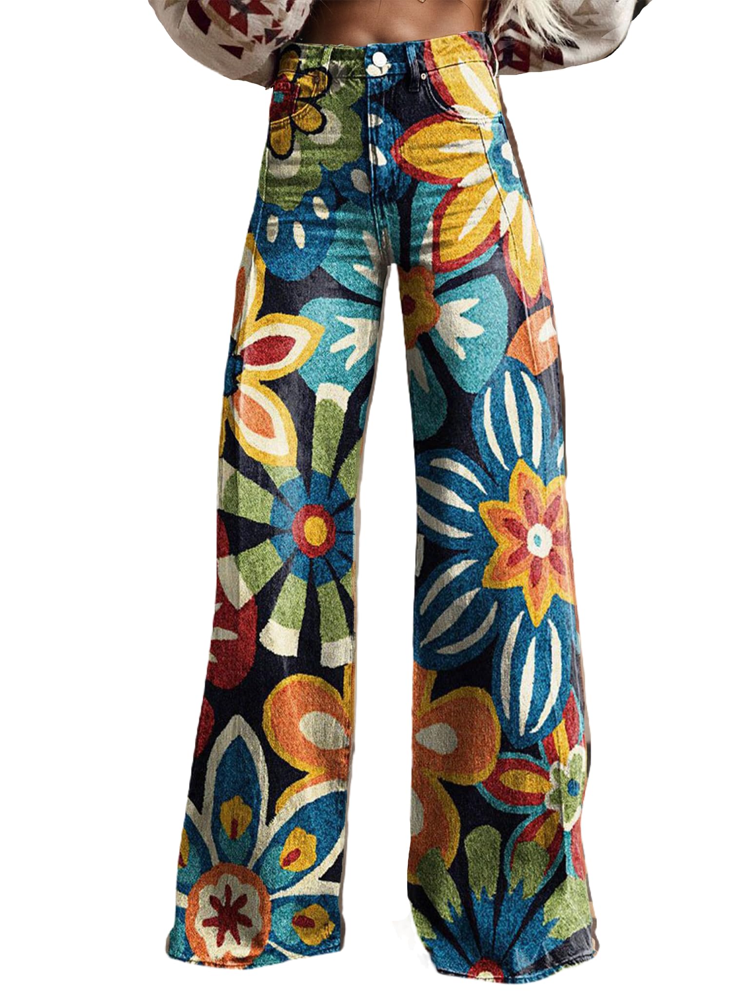 Womens Wide Leg Baggy Geometric Print Pants Vintage Boho Floral Low Waisted Straight Trousers with Pocket