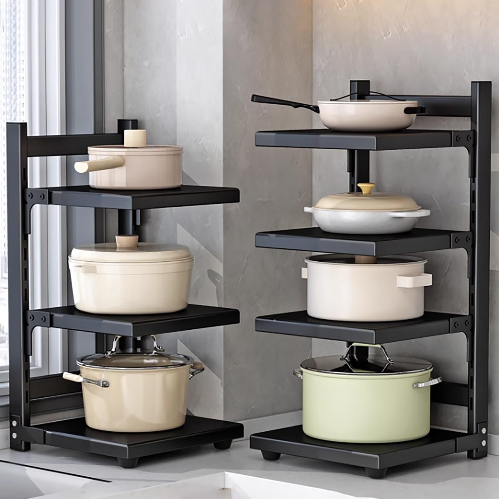 Verstellbare Küchenablagen, robuste Utensilienablage mit Deckelhalter für Arbeitsplatten, Böden, unter Spülbecken und in Nischen (Grau, 42 cm)
