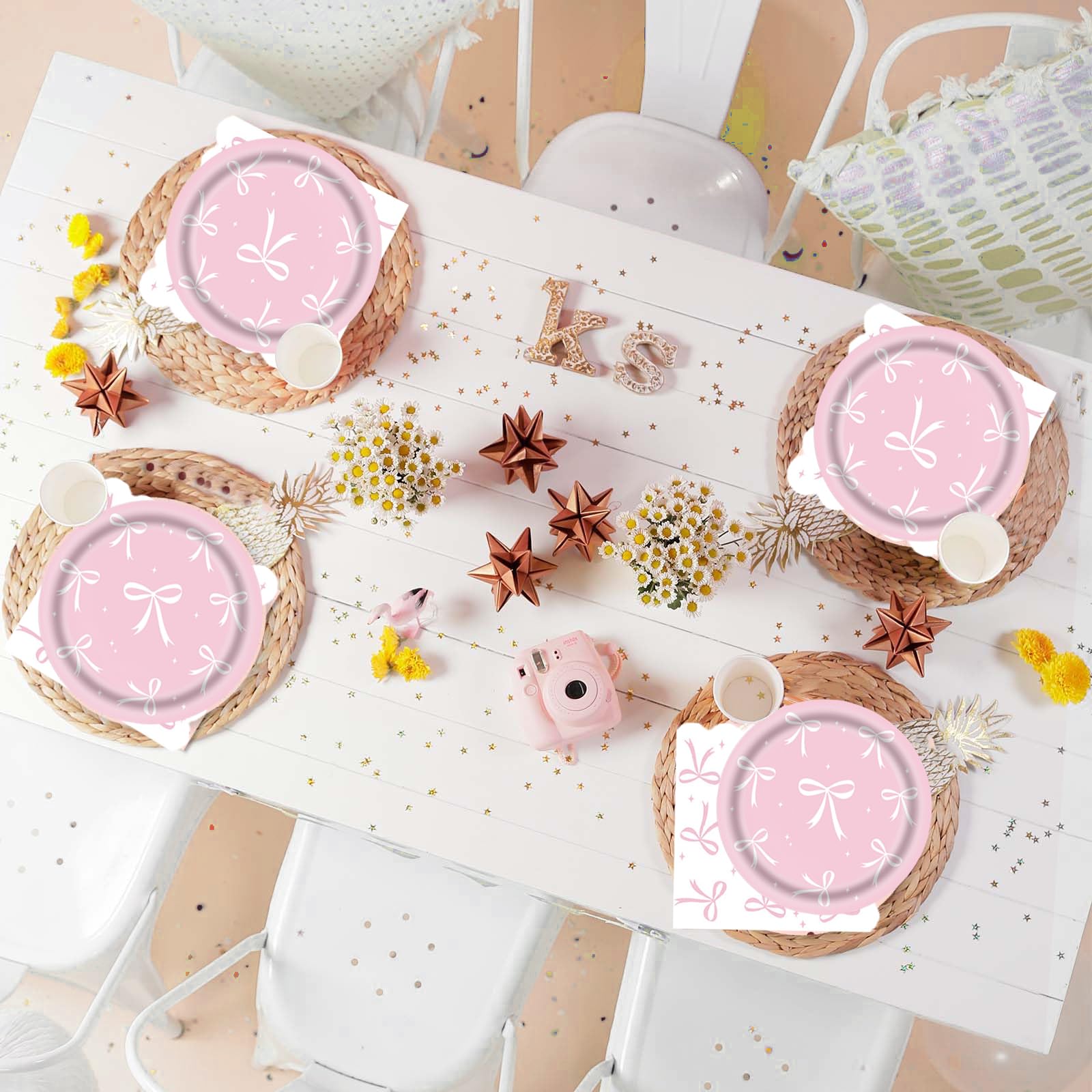 Bikasun Ensemble de vaisselle de fête en forme de nœud rose, assiettes d'anniversaire, gobelets de princesse, assiettes en carton pour fille, femme, anniversaire d'enfant 16 invités