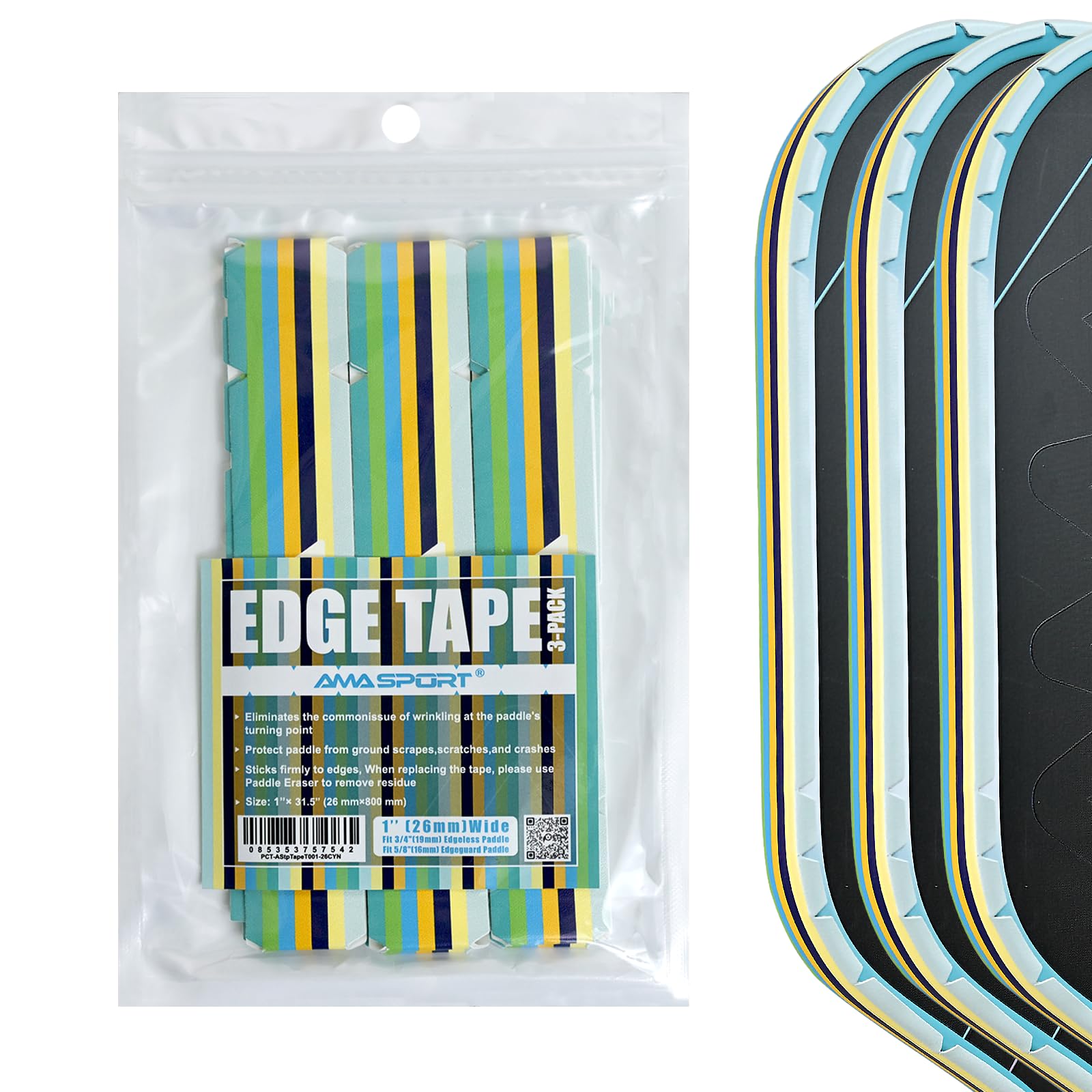 PICKLETECH Pickleball Edge Guard Tape – Cyan Stripe Edge Tape for Pickleball Paddle - Fit Perfectly Curved Edge - No Wrinkling