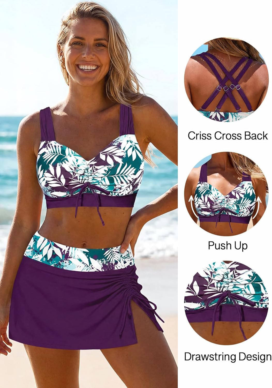 ROSEWE Womens Push Up Bikini Sets, Mid-Waisted Drawstring Skirts with Bulit-in Briefs, Two Piece Criss Cross Swimsuits