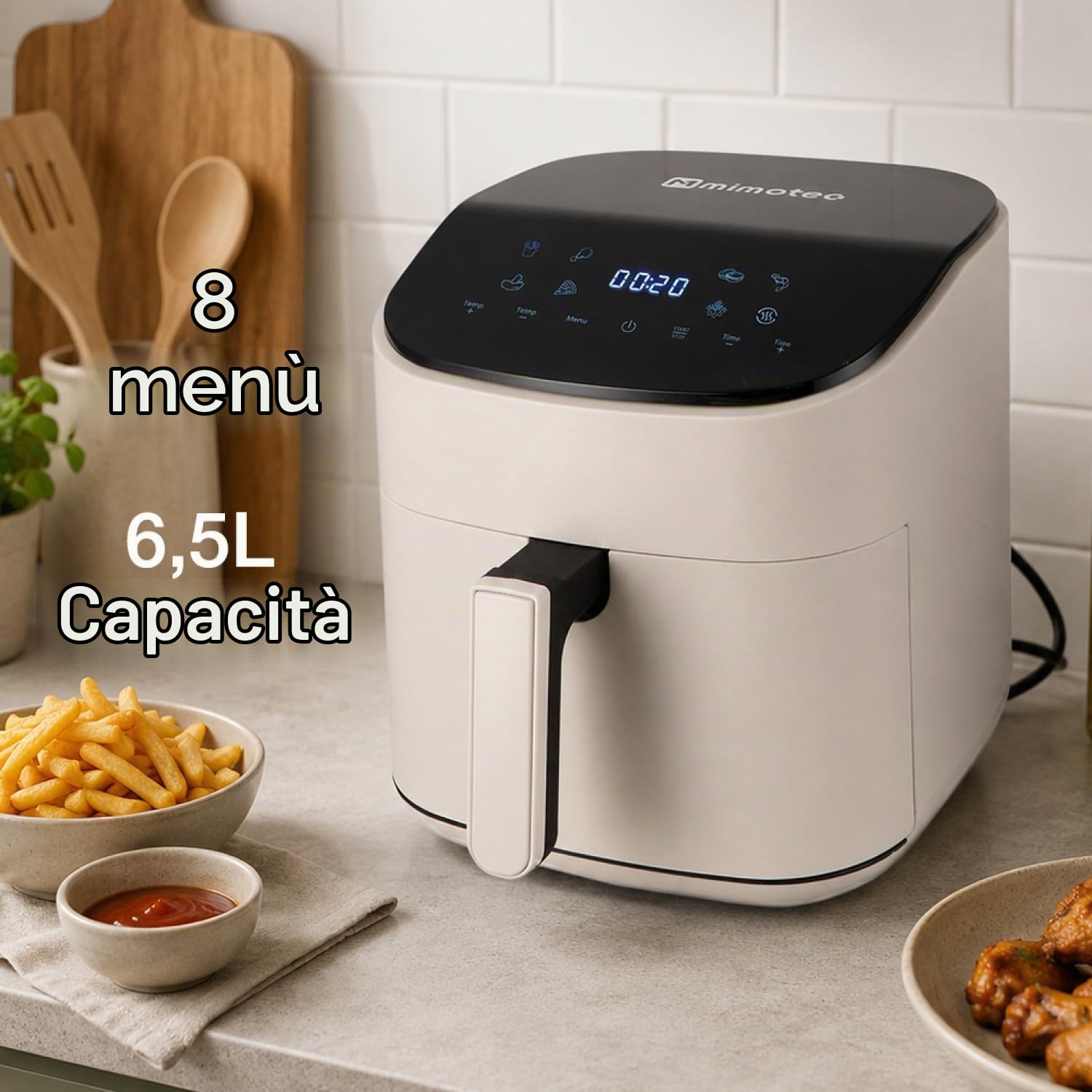 M mimotec – Friggitrice ad Aria White Sara Touch 6,5L, senza Olio, 1600W, 8 Menu Digitali, Display Touch, Funzione Grill, Timer Regolabile, Temperatura 80-200°C, Cucina Facile e Sana