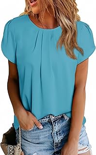 Blusas de gasa para mujer, cuello redondo, básicas, plisadas, manga corta, ajuste suelto, espalda curva